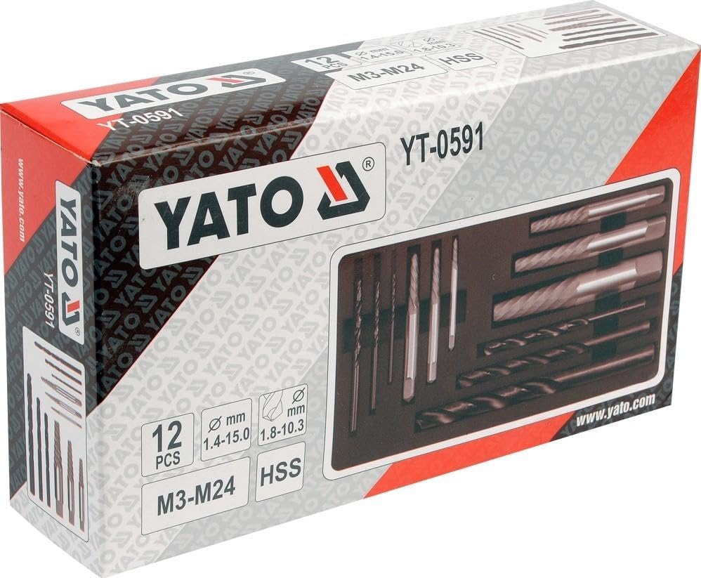 Yato YT-0591 Screw Extractor Set 12pcs - M3 to M24 with Drill Bits in Plastic Case