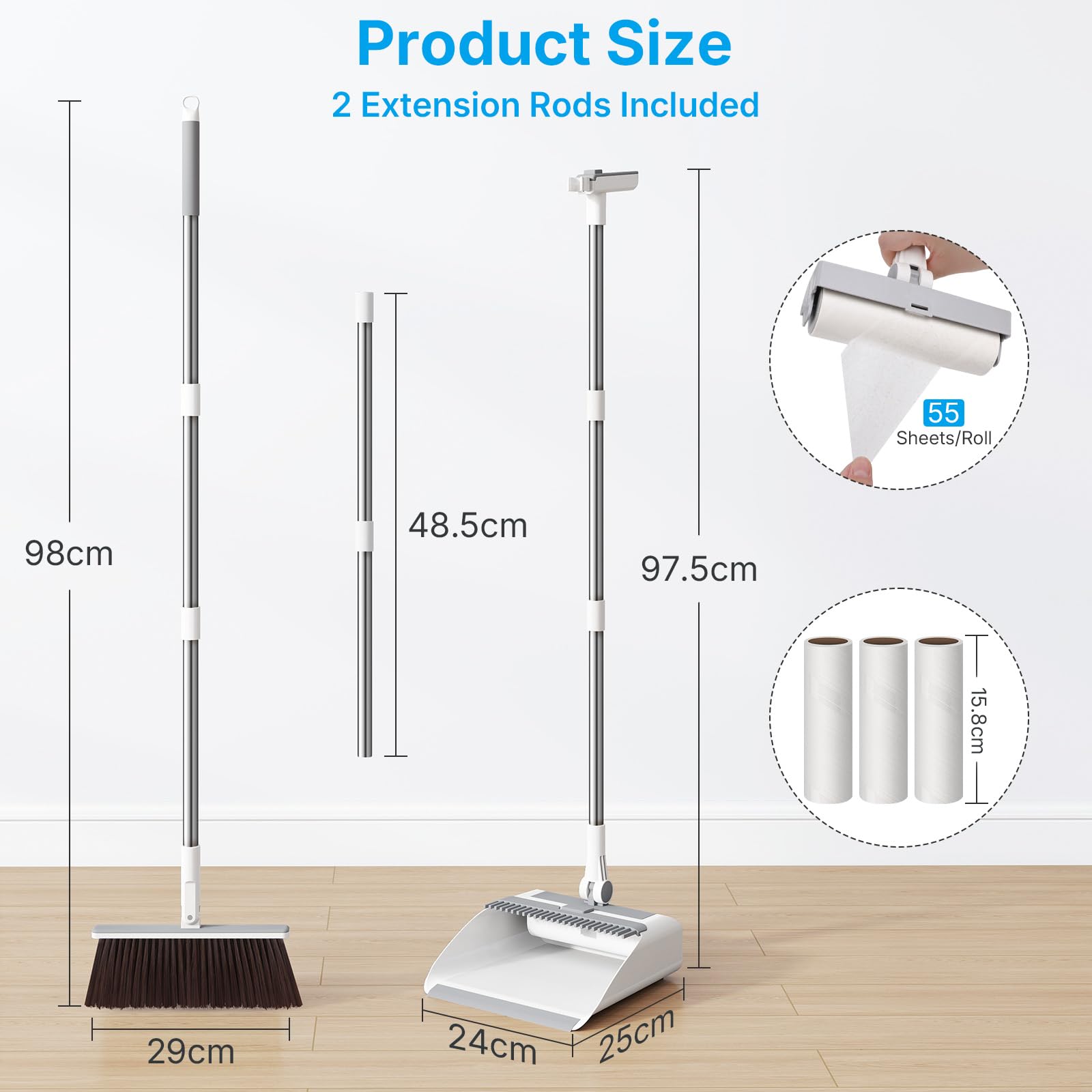 Euqvunn - Dustpan and Brush Sets Long Handled 3-in-1 with Lint Roller
