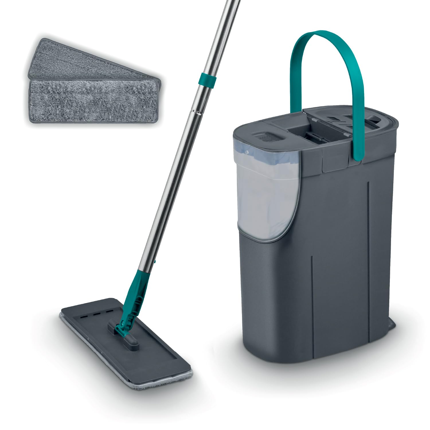 Tower Flat Mop and Bucket Set - 2 Washable Microfibre Mop Heads, 1.8L Clean Tank, Teal