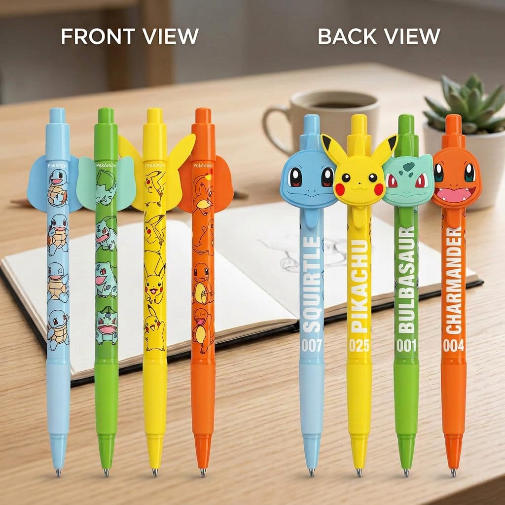HOX Pokémon 4 Pack Ballpoint Pens - Pikachu, Charmander, Squirtle & Bulbasaur | Blue Ink 4