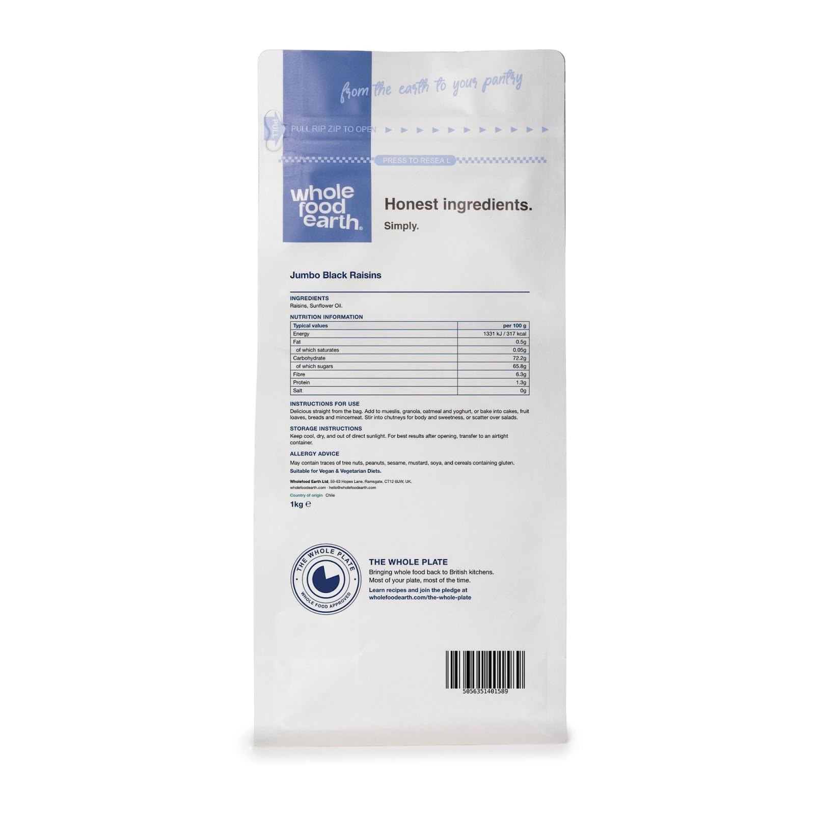 Wholefood Earth Jumbo Black Raisins - 1 kg Pack | GMO Free | High Fibre