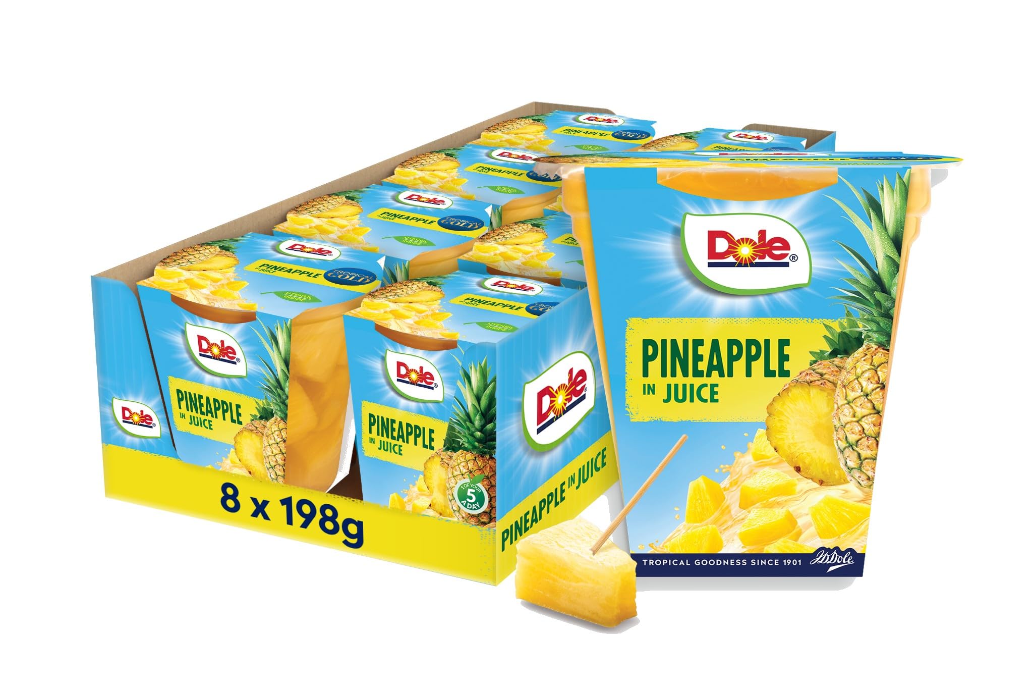 Dole Tropical Gold Pineapple Chunks in Juice - 8 x 198g Pots | Rich in Vitamin C & Fibre