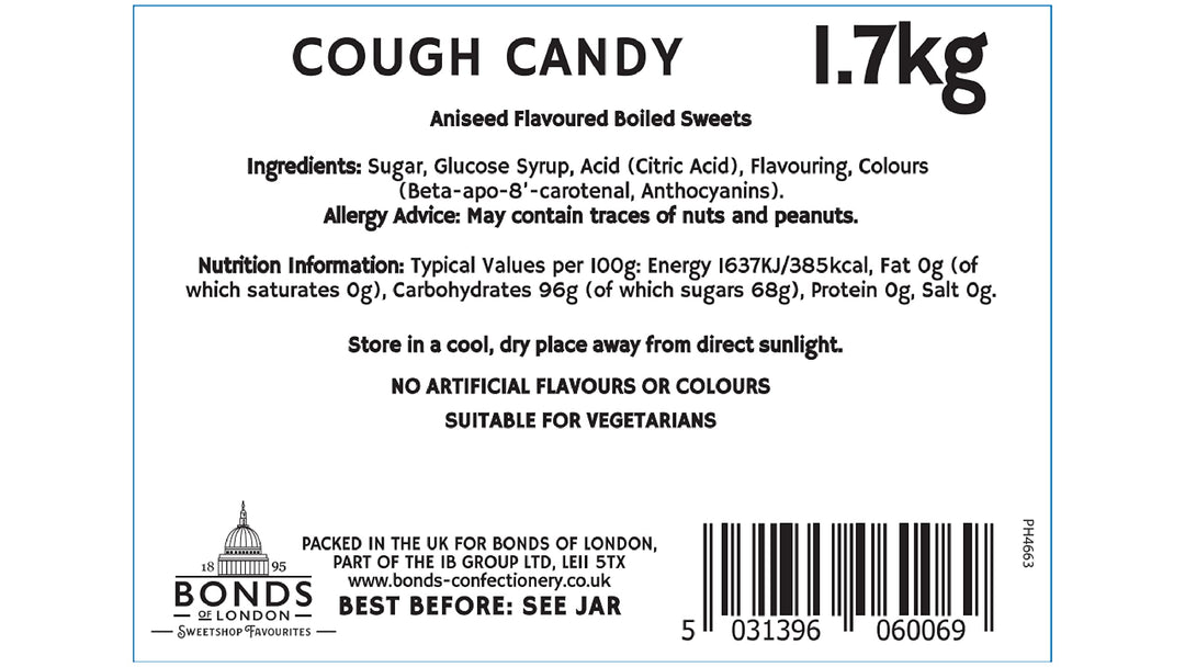Bonds of London Cough Candy Jar - Vegetarian Retro Hard Sweets, 1.7 kg Glass Jar