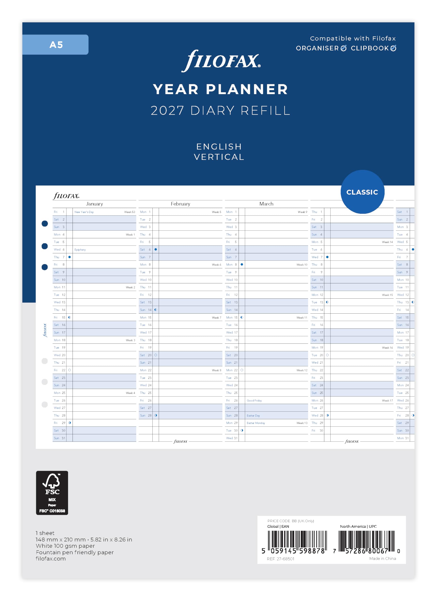 Filofax A5 Vertical Year Planner Refill 2027 | 100gsm Fountain Pen Friendly Paper 1