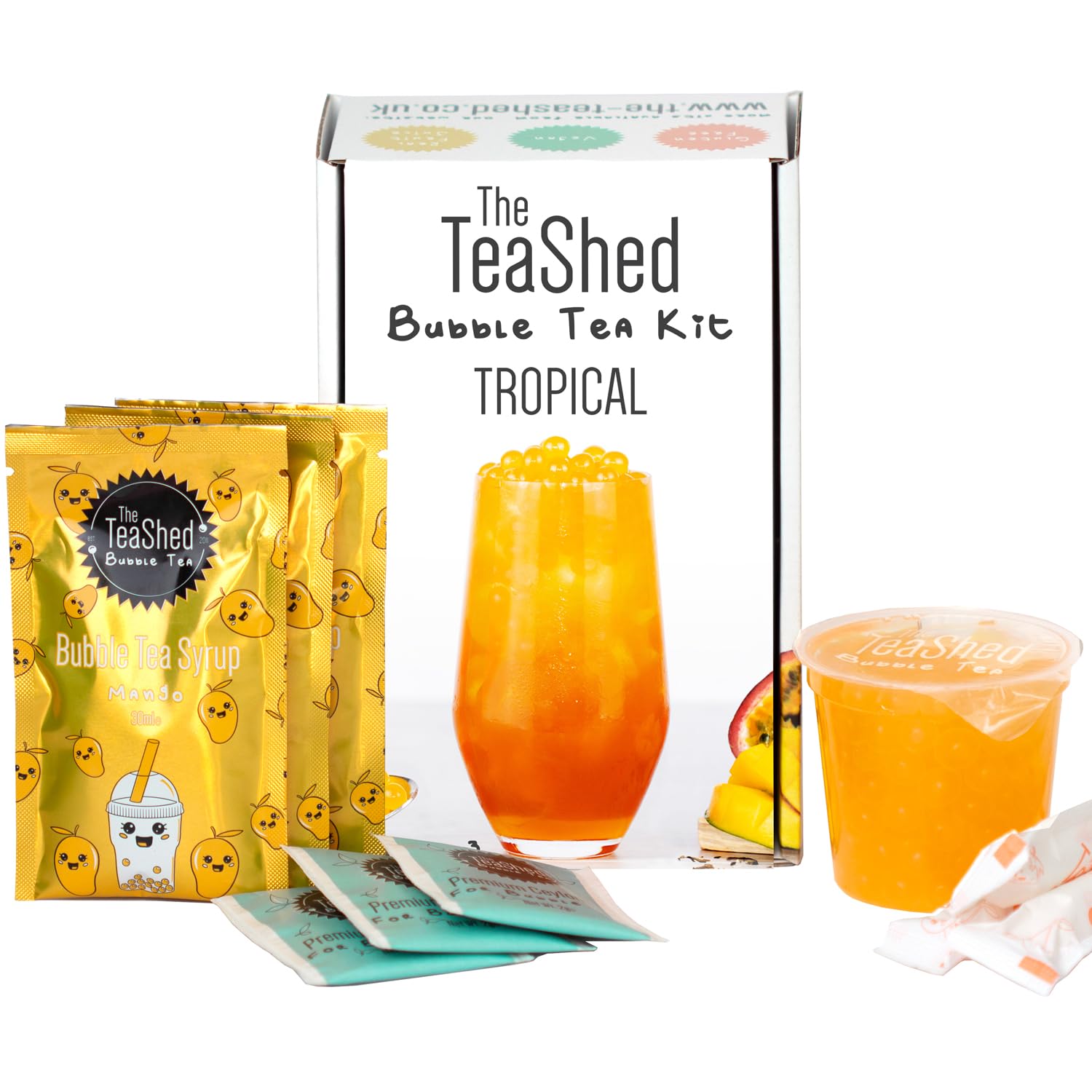 The TeaShed Bubble Tea Kit Gift Box | Tropical Mango & Passion Fruit Popping Boba | 3-Serve Set with Ceylon Tea