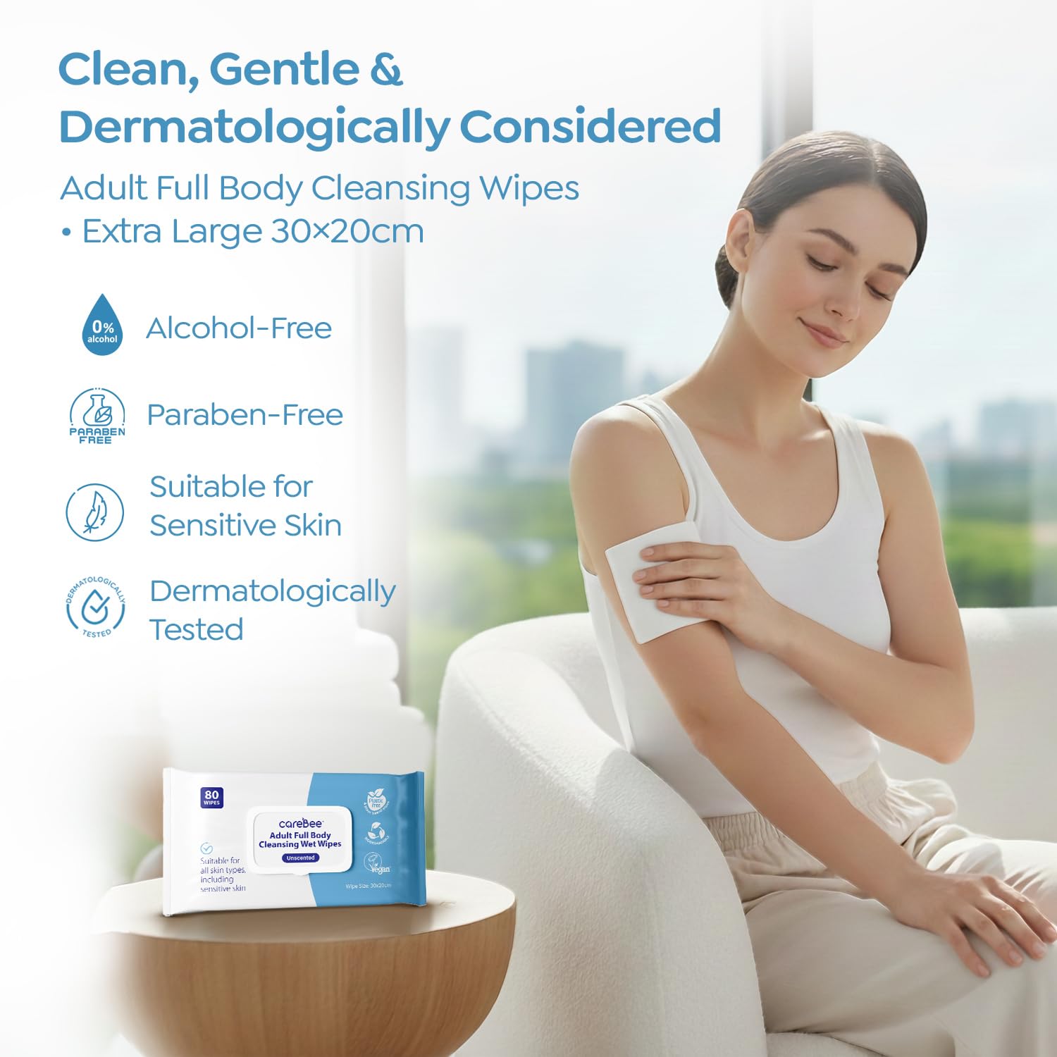 CareBee Premium Full Body Cleansing Wet Wipes for Adults - Fragrance-Free, Anti-Bacterial | Vegan, Hypoallergenic