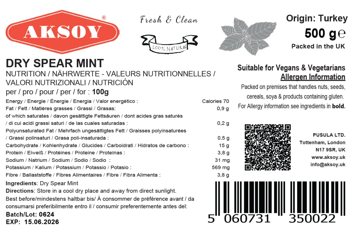 AKSOY Dried Peppermint Leaf - All-Natural Whole Spice for Tea & Cooking | 500g 6