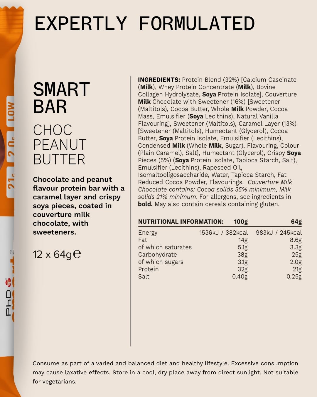 PhD Nutrition Smart Protein Bar Low Sugar High Protein Chocolate Peanut Butter 64g (12 Pack) 6