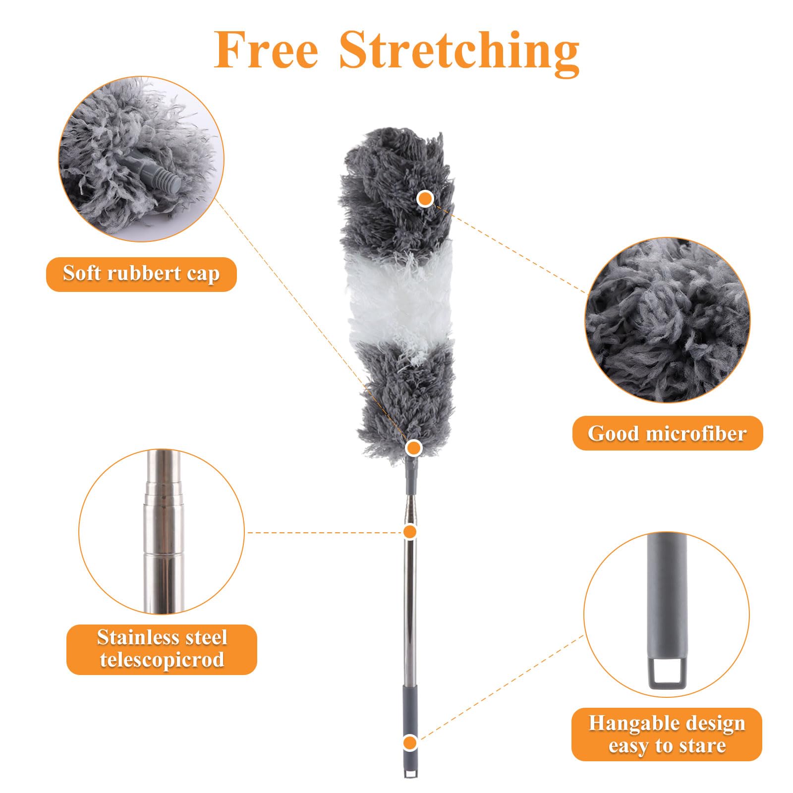 ASelected Extendable Microfiber Duster - Telescoping Stainless Steel Pole up to 2.75M | Bendable Head | Washable 5