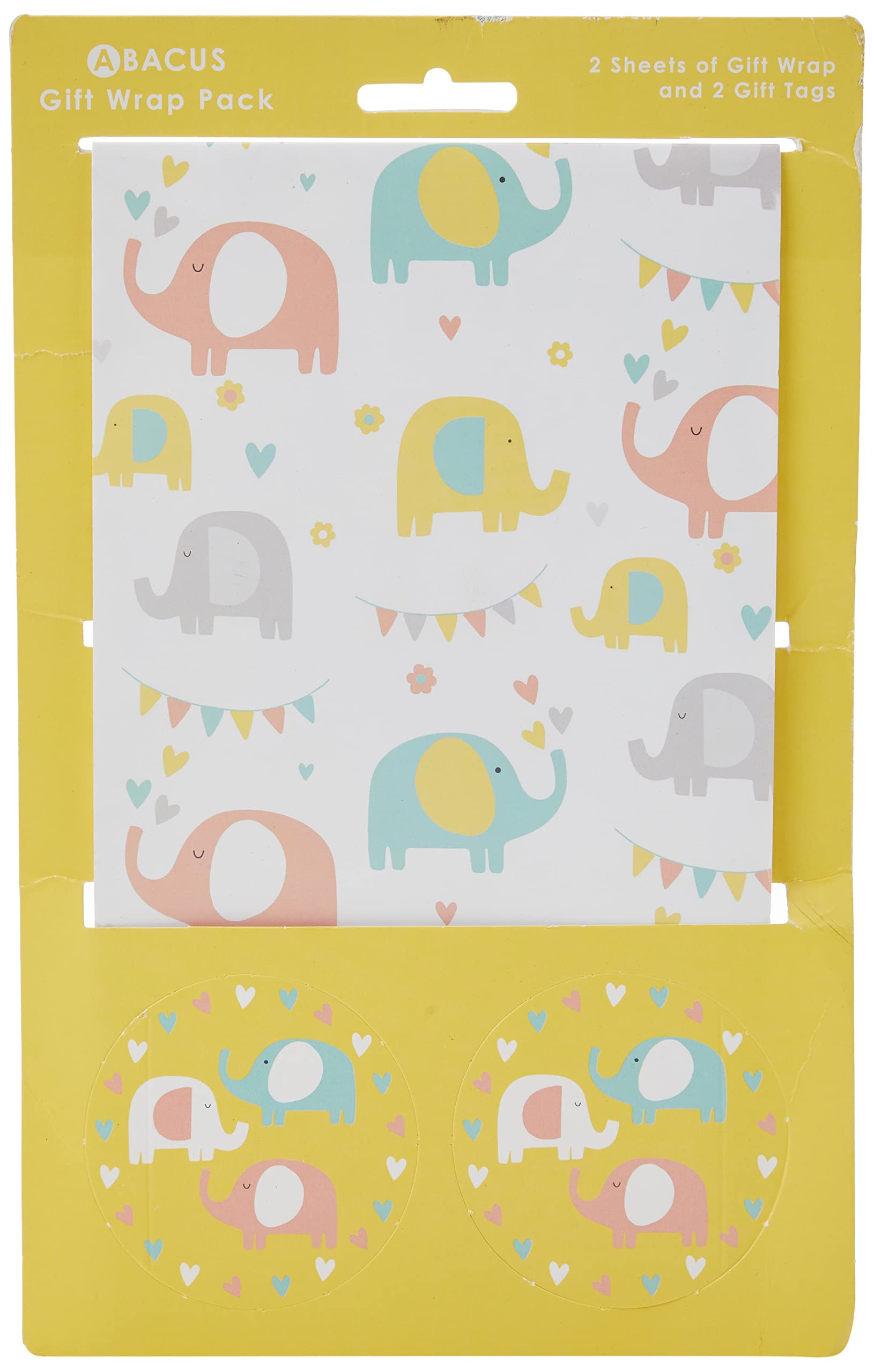 Abacus Elephant Fun Gift Wrap Pack - 2 Sheets, Glossy Finish, Includes Tags 1