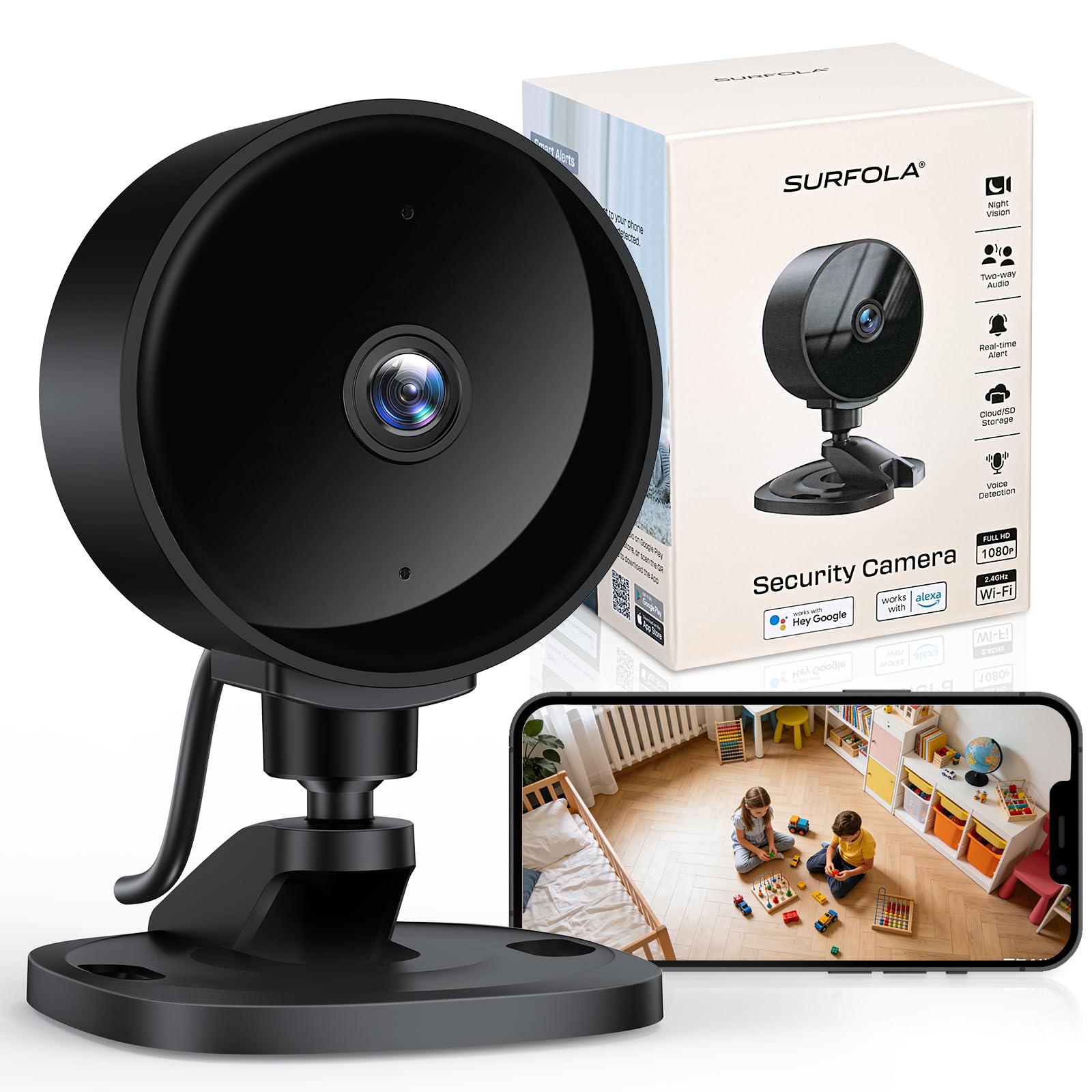 Surfola 1080P Indoor Security Camera - 2 Way Audio, Night Vision, Wi-Fi Connectivity 1