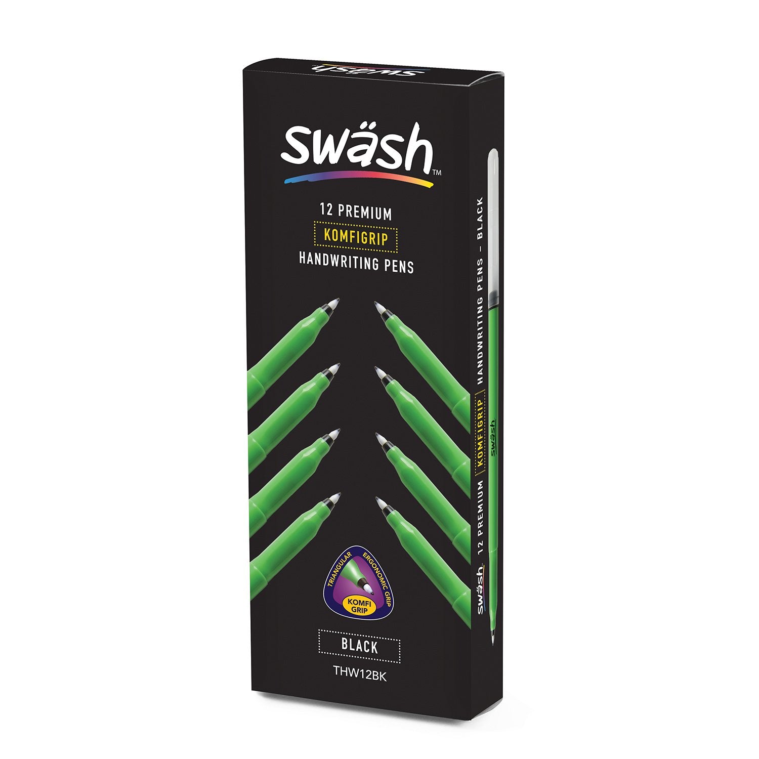 Swash KOMFIGRIP THW12BK Pens for Handwriting, Washable Ink and Pressure-Resistant Tips – Black (Pack of 12) 1