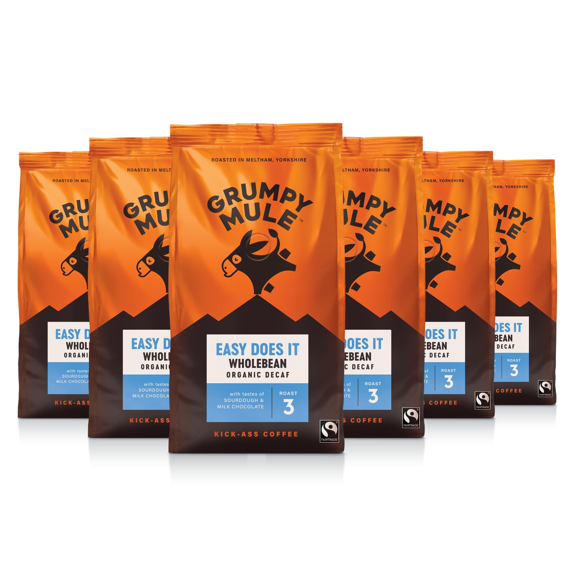Grumpy Mule Easy Does It Swiss Water Organic Decaf Whole Coffee Beans - 1400g (6 x 200g)