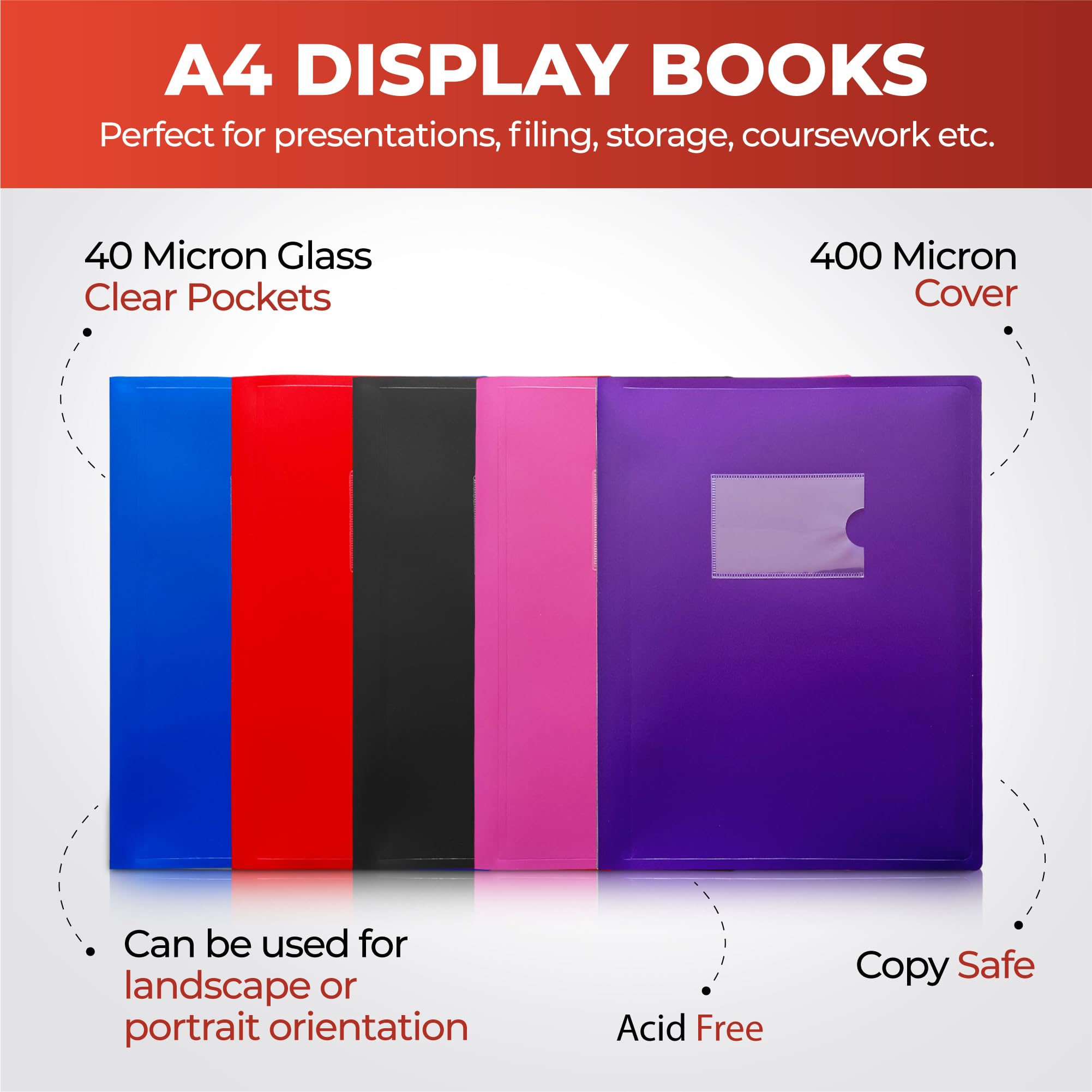Janrax A4 Pink Flexible Cover Presentation Book - 20 Pockets | Copy Safe | Acid Free 2