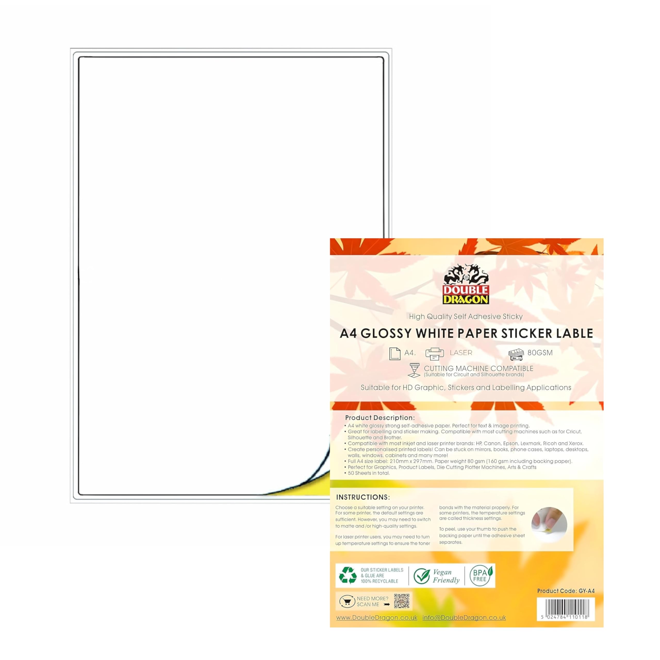 Double Dragon A4 Glossy White Printable Sticker Paper - 1 Label Per Sheet | 50 Sheets