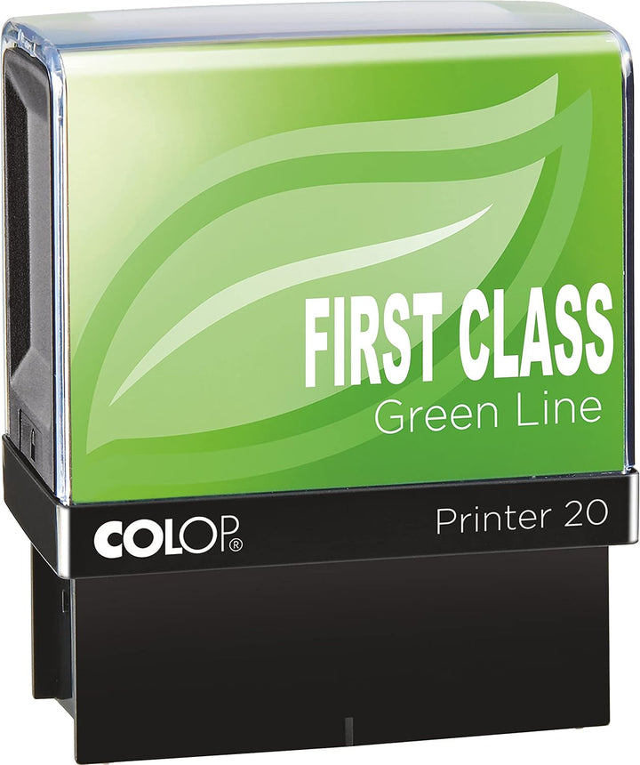 COLOP Green Line FIRST CLASS Stamp - Red Ink | Eco-Friendly Self-Inking Stamp | 38x14mm Impression Size