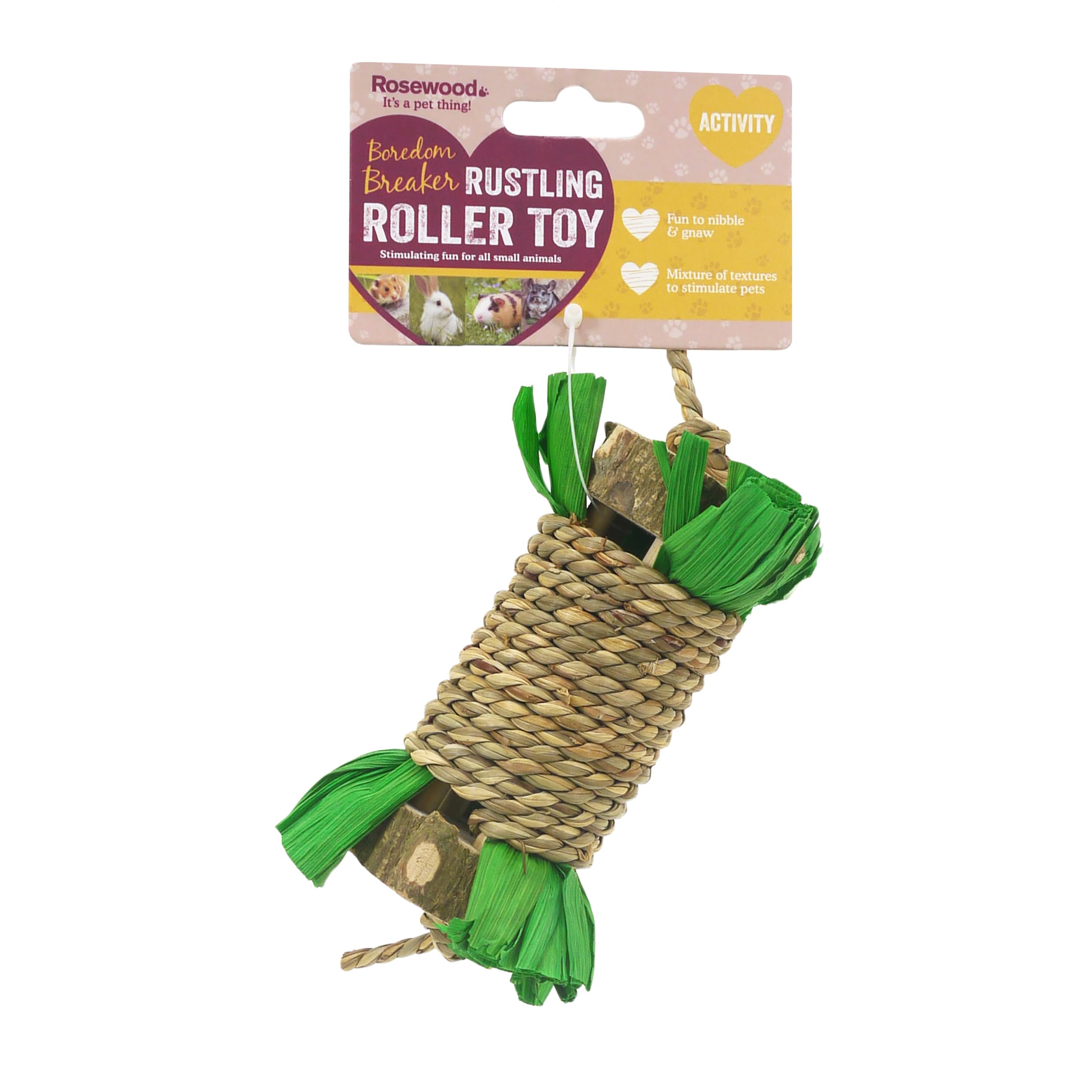 Rosewood Rustling Roller Small Animal Toy - Natural Seagrass, Cornleaf & Wood | 14cm Length