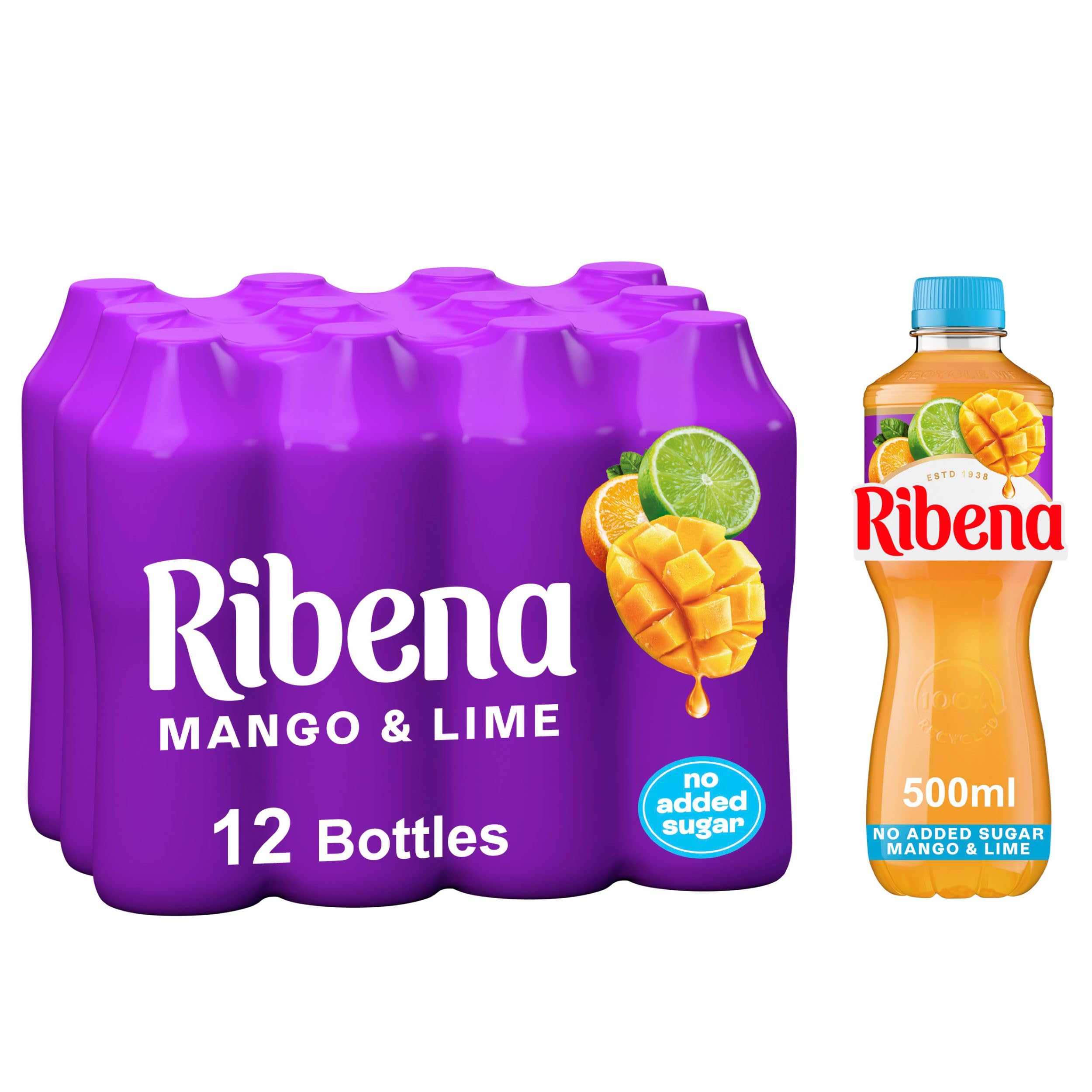 Ribena - Mango and Lime Juice Drink No Added Sugar 500ml - Multipack of 12