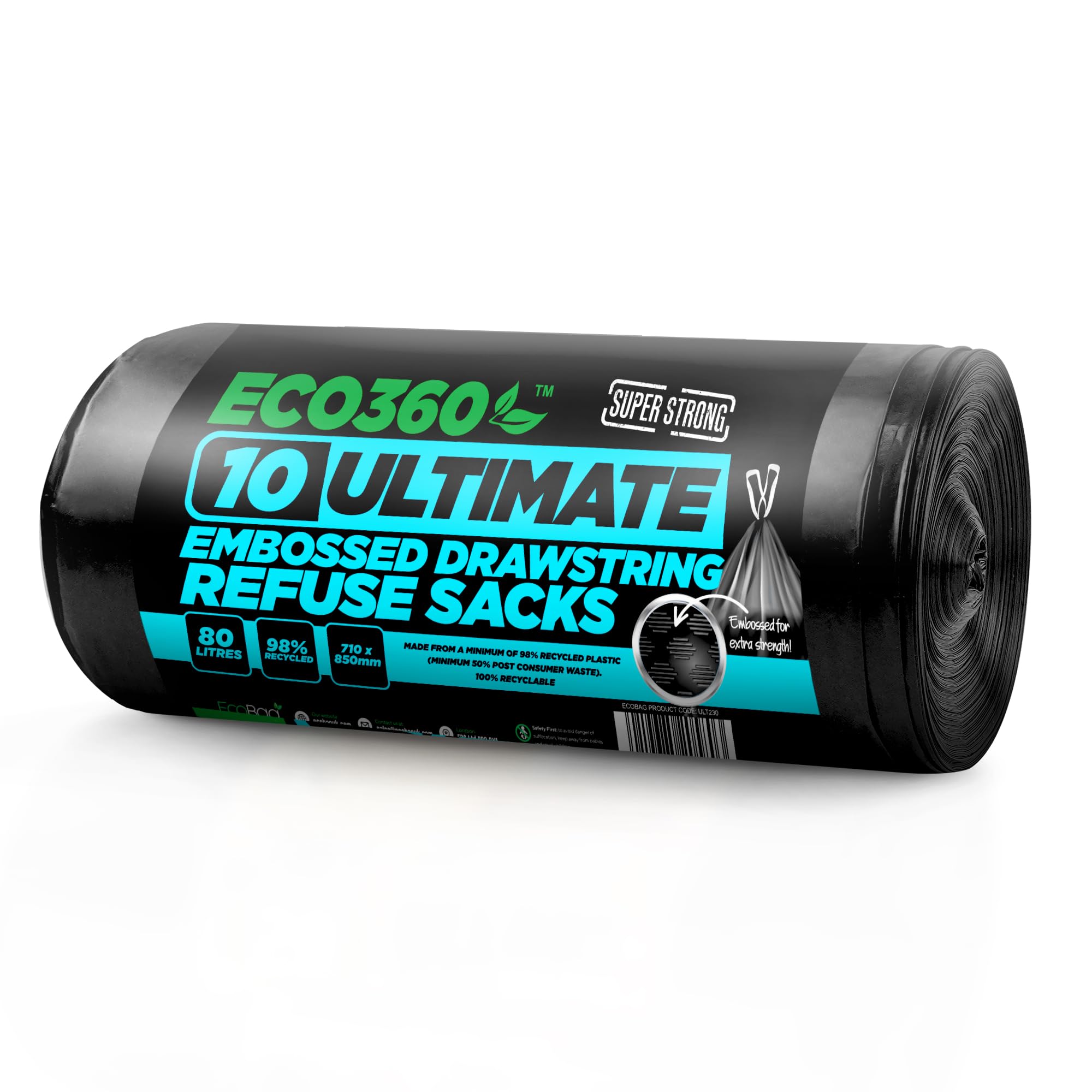 EcoBag Ultimate Embossed Drawstring Bin Liners - 80L Capacity, 10 Pack