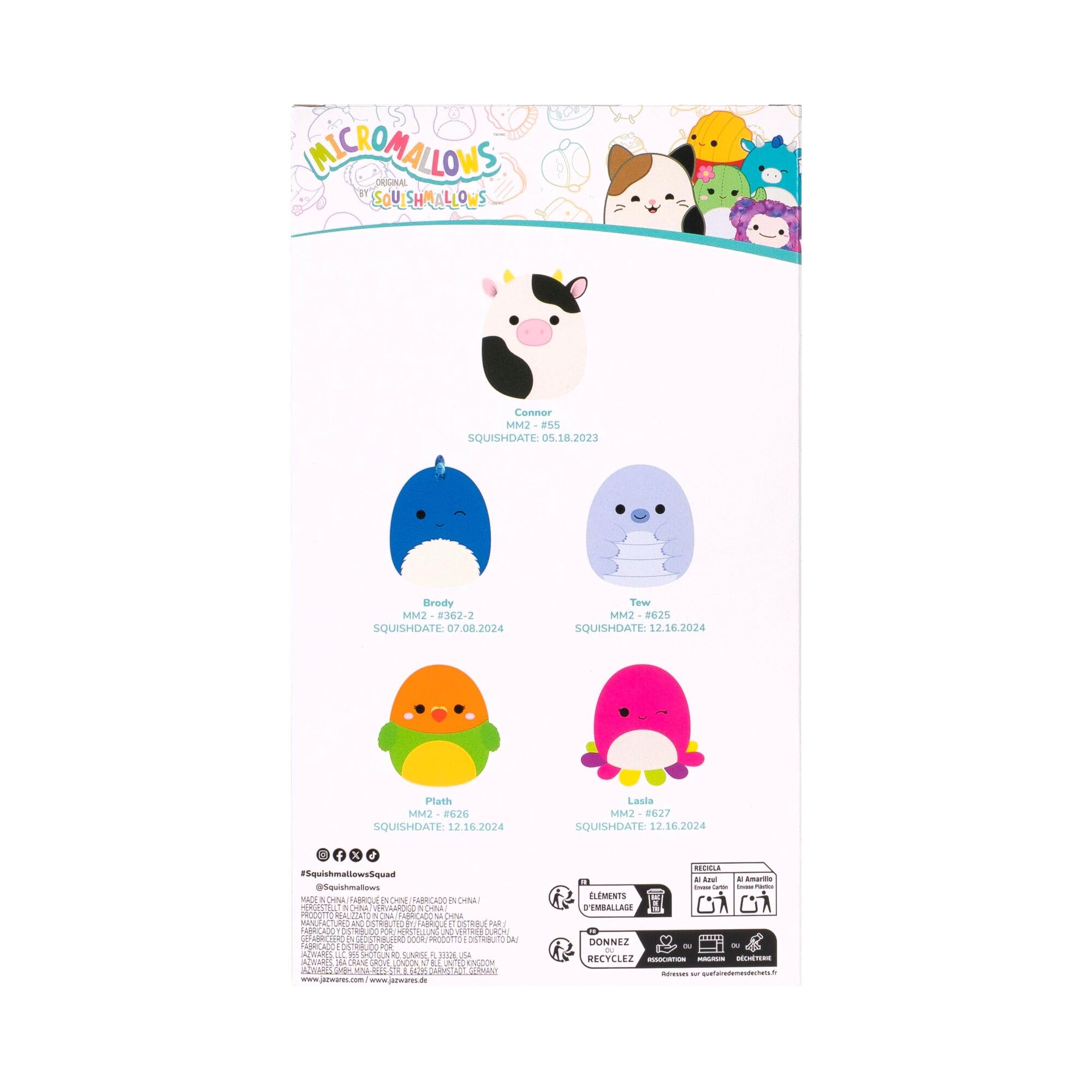 Squishmallows Original Micromallows Plush 5-Pack - Bear, Cow, Dinosaur, Love Bird, Octopus | 2.5 Inch 5