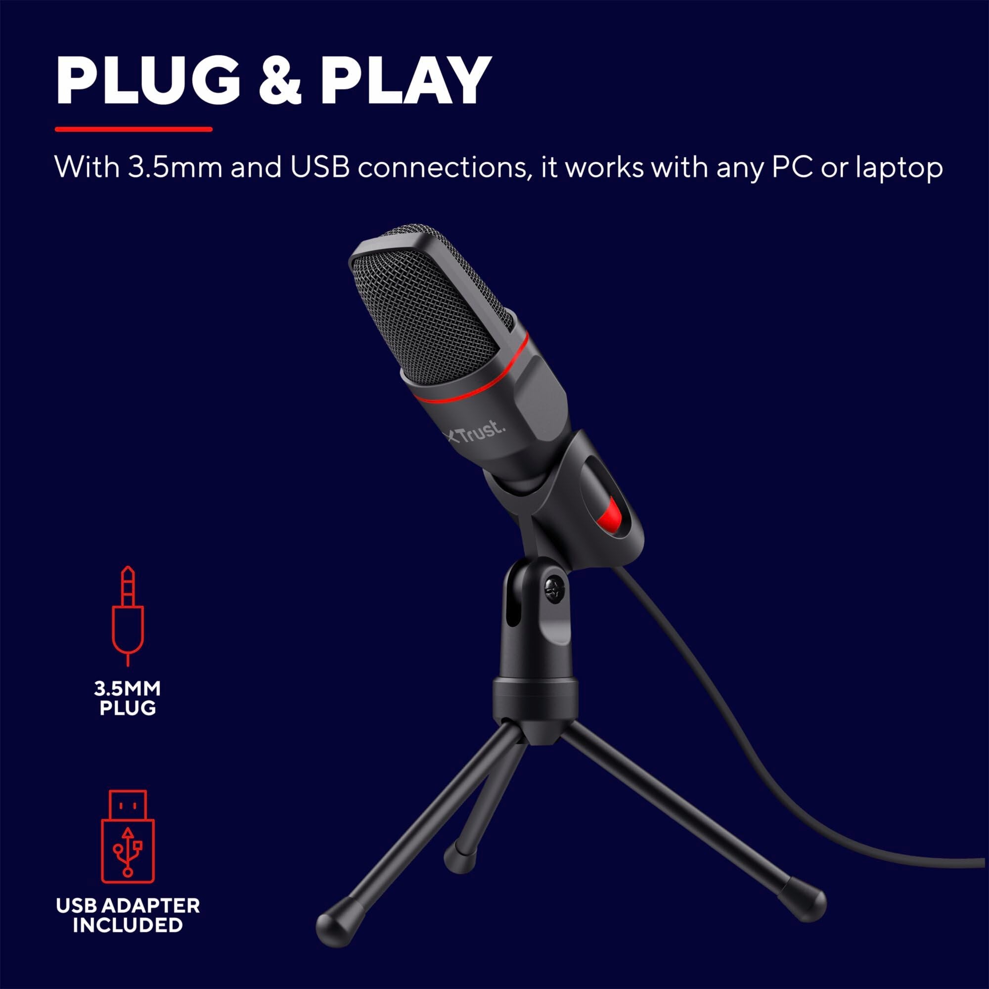 Trust Gaming GXT 212 Mico USB Microphone on Tripod for PC, PS4, PS5 and Laptop, Mic with 3.5 mm and USB Connection, 1.80 m Cable, for Streaming, Twitch and Youtube - Black 5