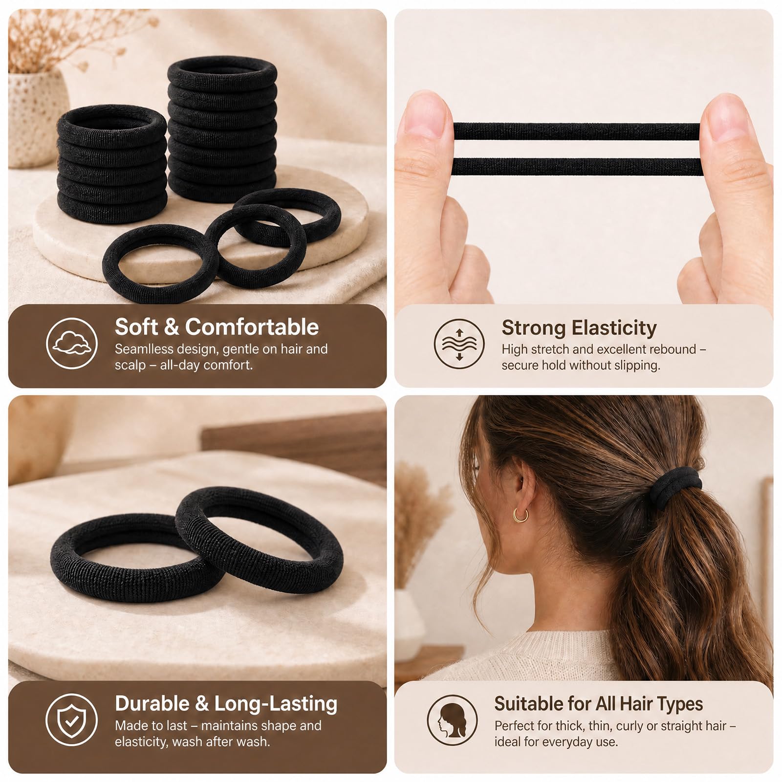 Admygo Seamless Thick Hair Ties - 30 Pack Black Elastic Hair Bands for All Hair Types 7