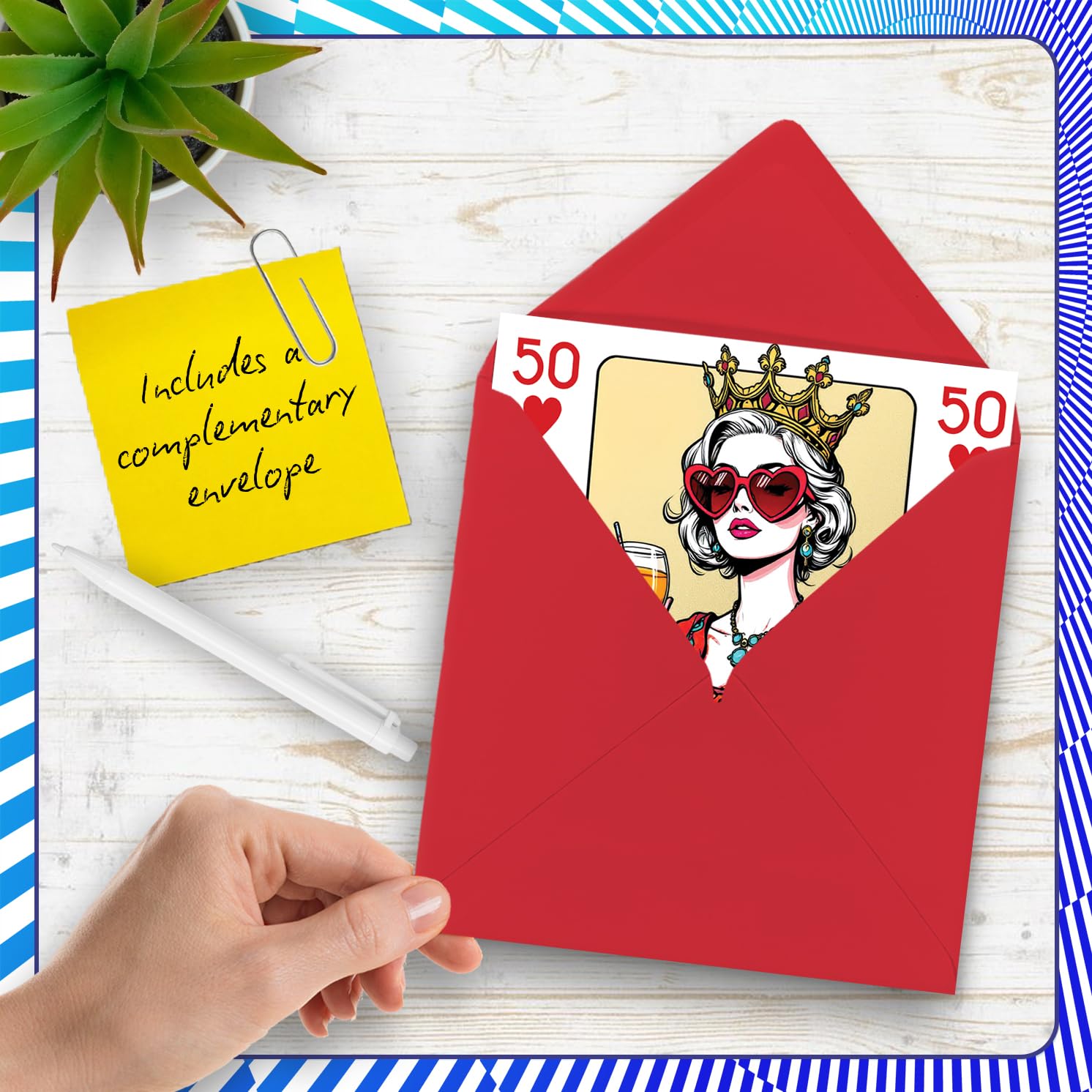 Stuff4 50th Birthday Card for Women - Queen Playing Card Design | 145mm Square 5