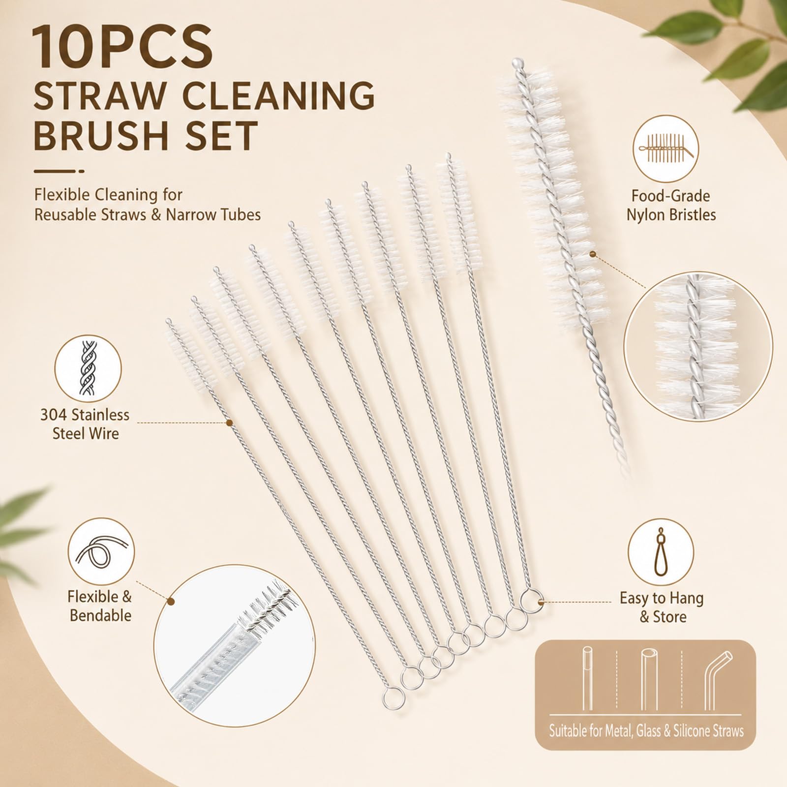 Admygo Bottle Brush - 10 Pcs Nylon Bristle Cleaner for Straws & Narrow Necks | 17.5cm Length