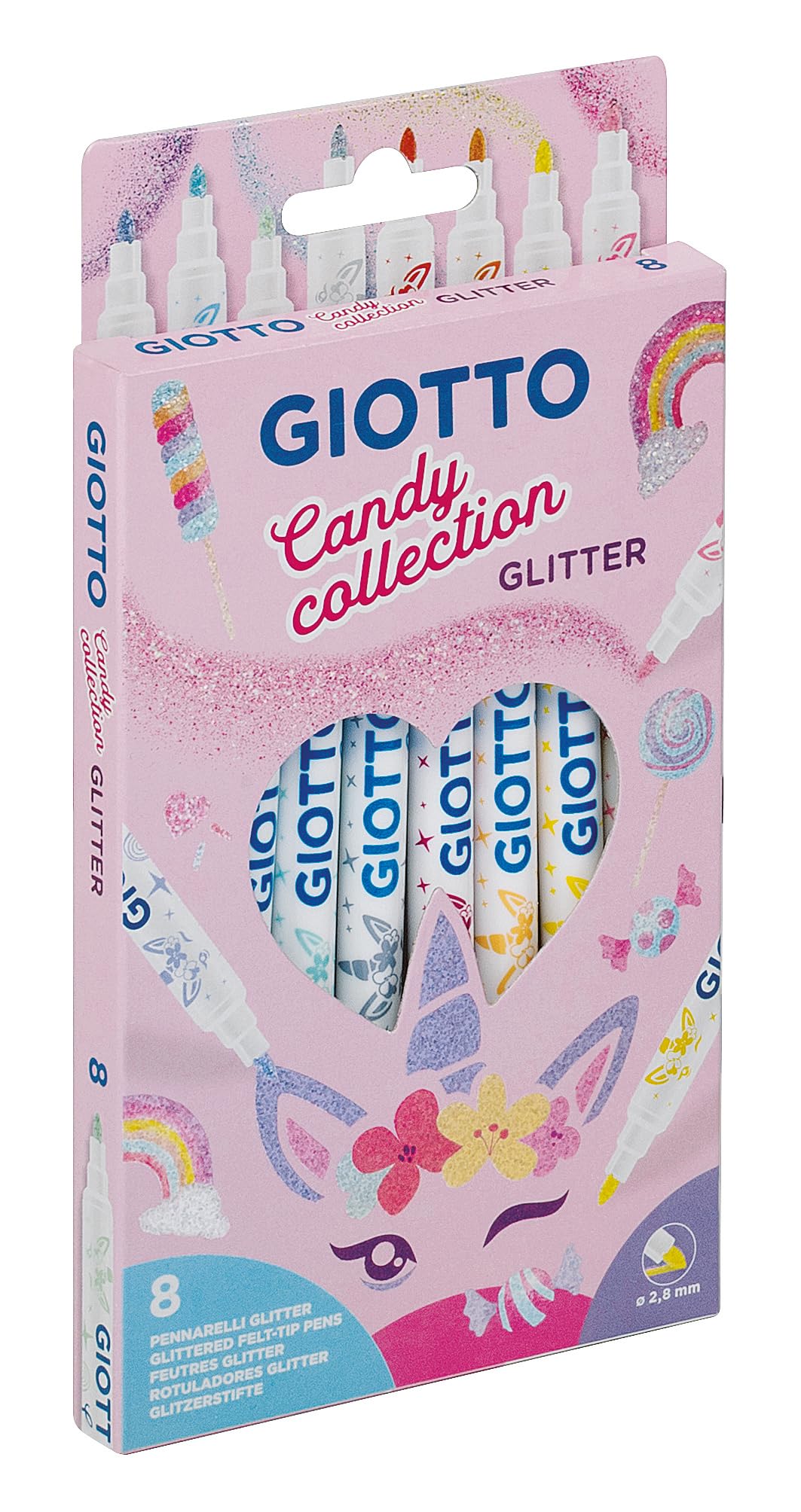 GIOTTO Turbo Glitter Felt Tip Pens - 8 Assorted Pastel Glitter Colours | Fine Tip | Washable Ink 2