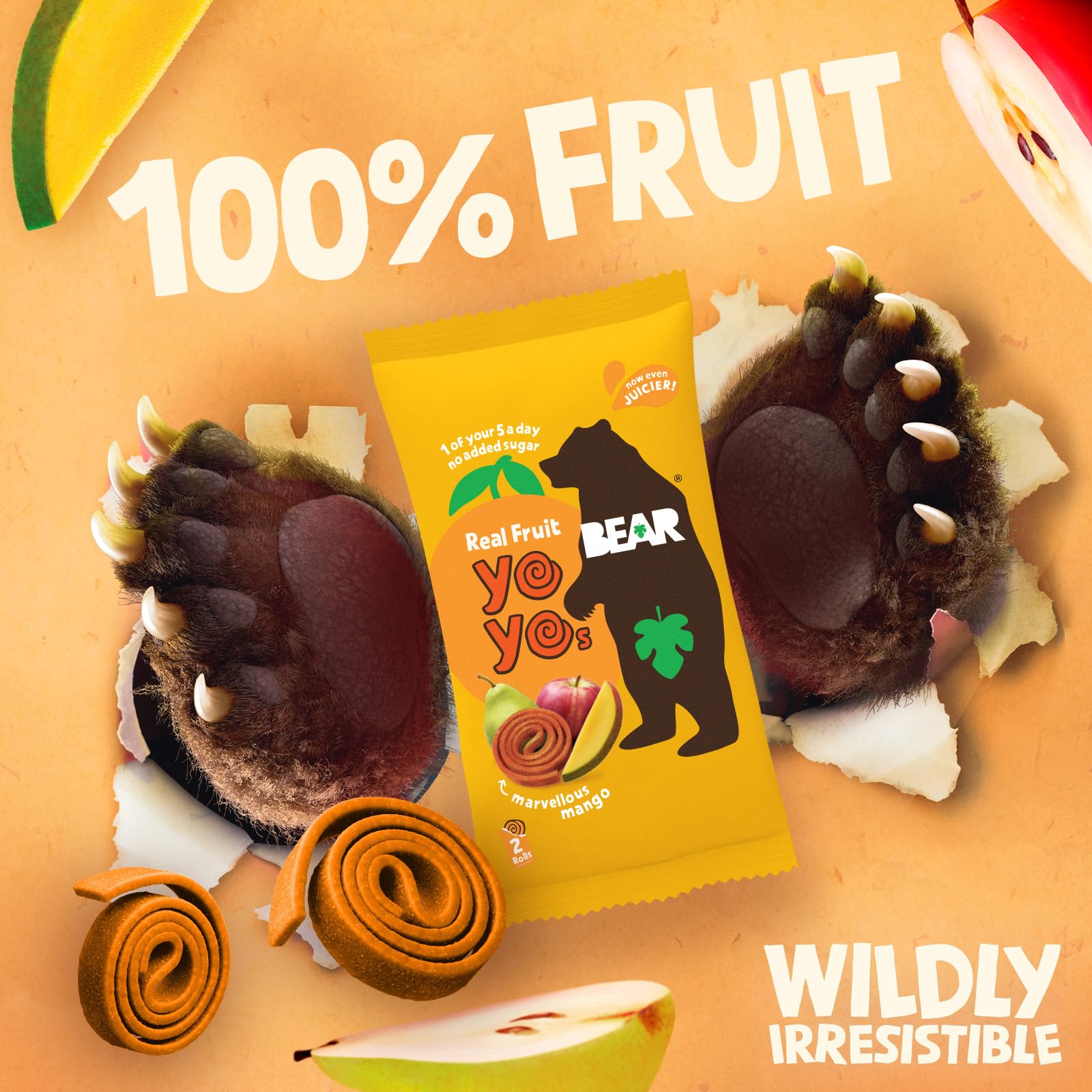BEAR Mango Yoyos - Dried Fruit Rolls - 100% Natural, No Added Sugar - 5 Packs (20g Each)