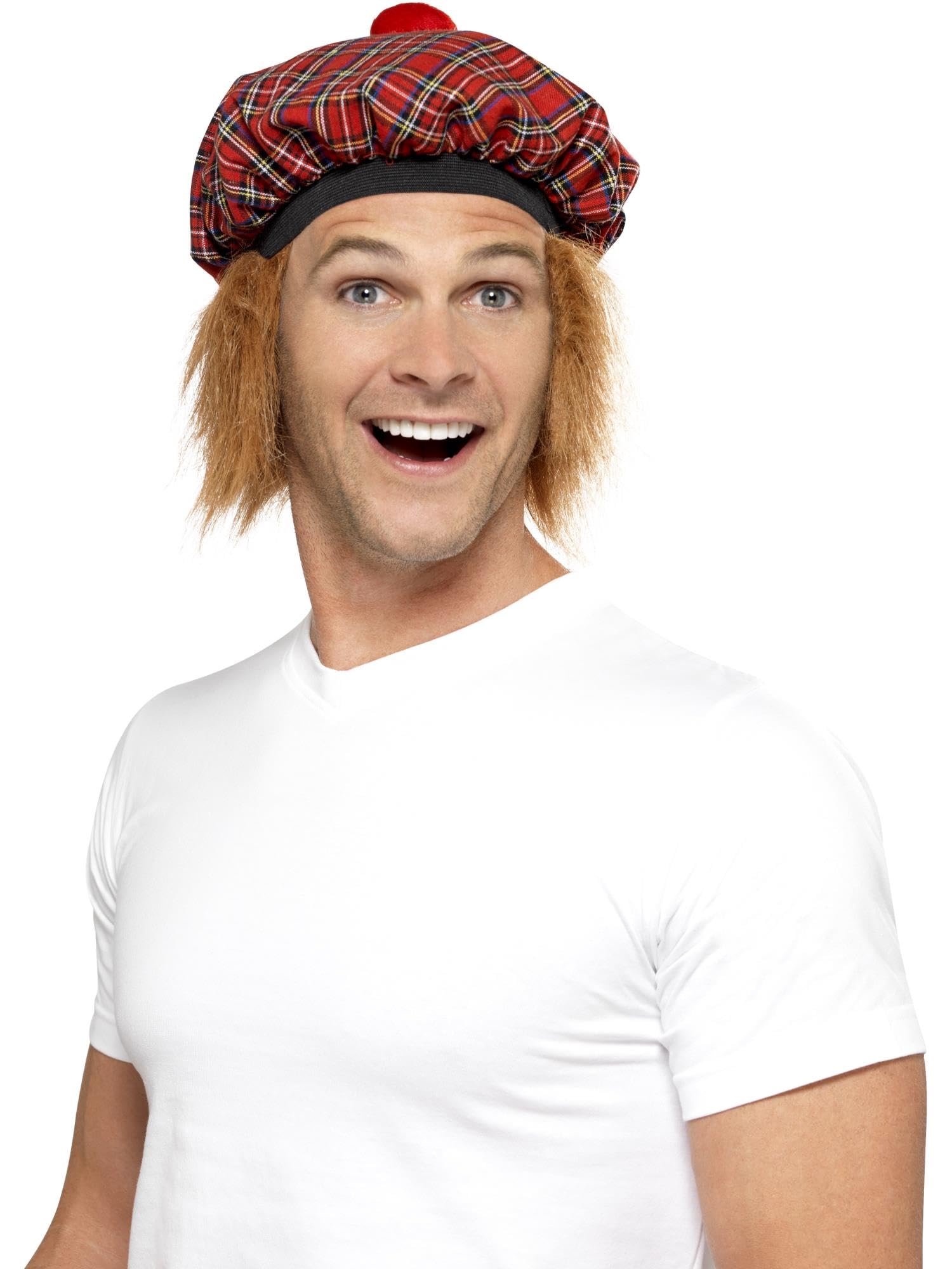 Smiffys Tam-O-Shanter Tartan Hat - Red with Hair and Pom Pom | One Size | Polyester