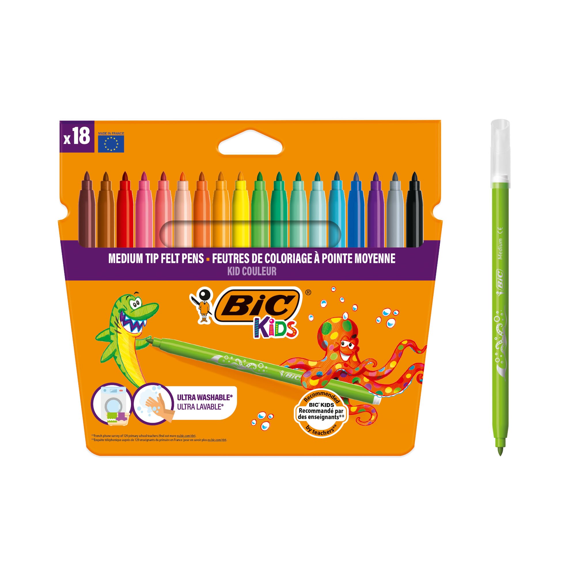 BIC Kids Kid Couleur Felt Tip Colouring Pens - Washable, Medium Nib, Pack of 18