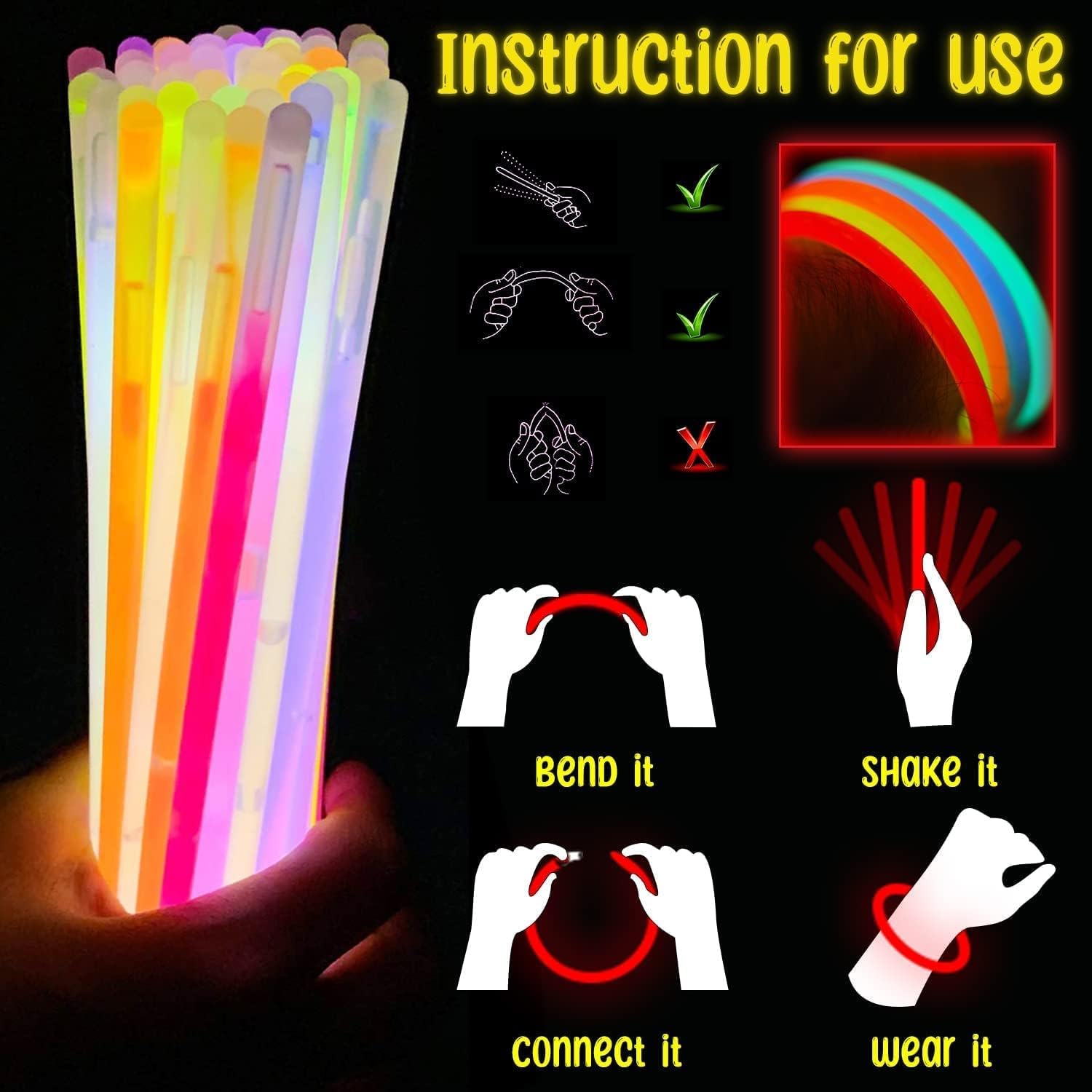SHATCHI 100Pcs Glow Sticks 8" with Connectors - Neon Party Favors for Halloween, Rave, Birthday, Camping & 80s Themed Events 8