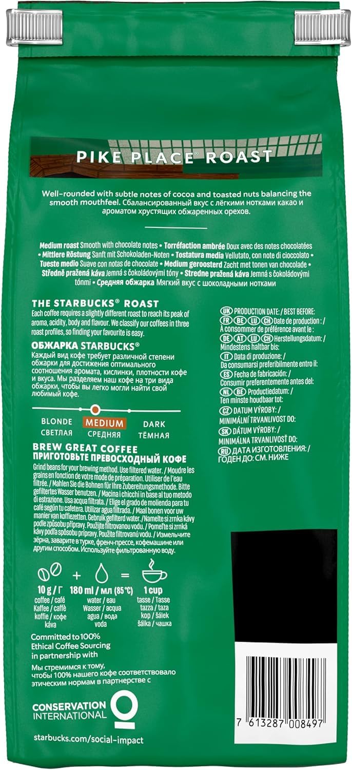 STARBUCKS Pike Place Roast Medium Roast Whole Bean Coffee - 4 x 450g Pack 4