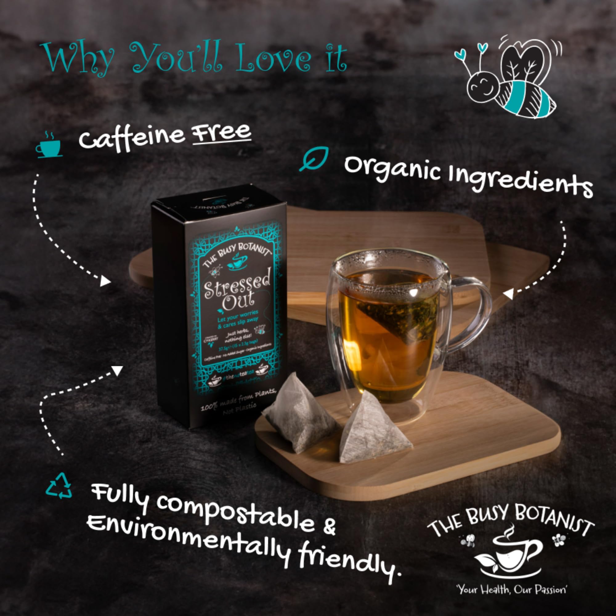 Stressed Out Herbal Tea with Valerian Root, Chamomile & Ashwagandha - 30 Caffeine Free Biodegradable Tea Bags 4