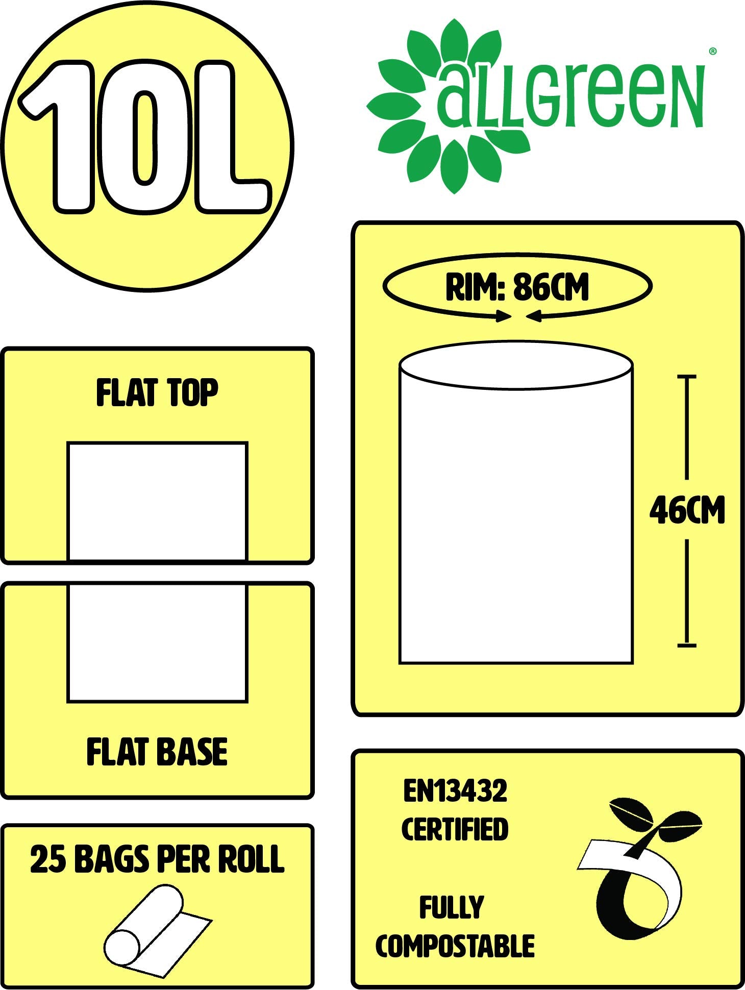 All-Green VC 10L-3 Compostable Bin Liners - 10 Litre Capacity, 75 Bags (3 Rolls) | Corn Starch Bioplastic