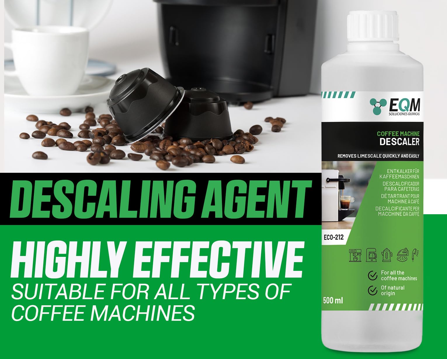 EQM SOLUCIONES QUIMICAS ECO-212 Coffee Machine Descaler - 500 ml | 100% Natural Origin | Citric Acid 2