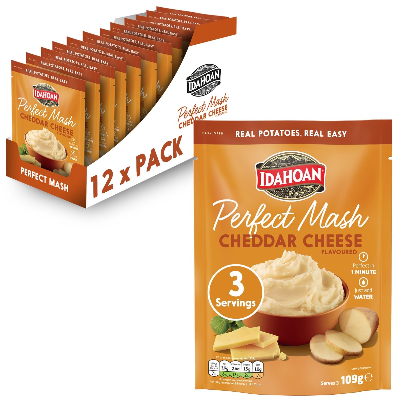 Idahoan Perfect Mash Cheddar Cheese Potatoes - Gluten Free, Vegetarian | 12 Pack (109 g Each) 1