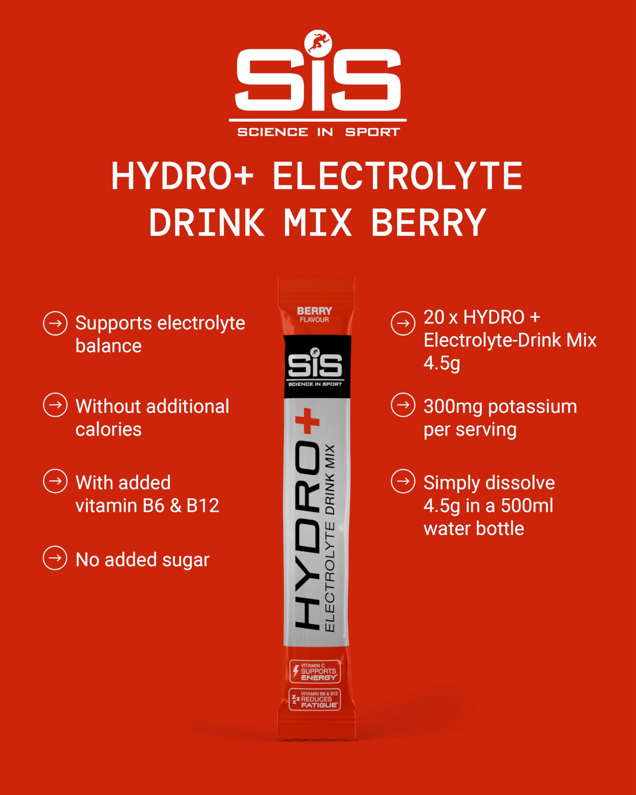 Science in Sport Hydro+ Electrolytes Powder Sachets with 5 Essential Electrolytes | Berry | 20 Servings