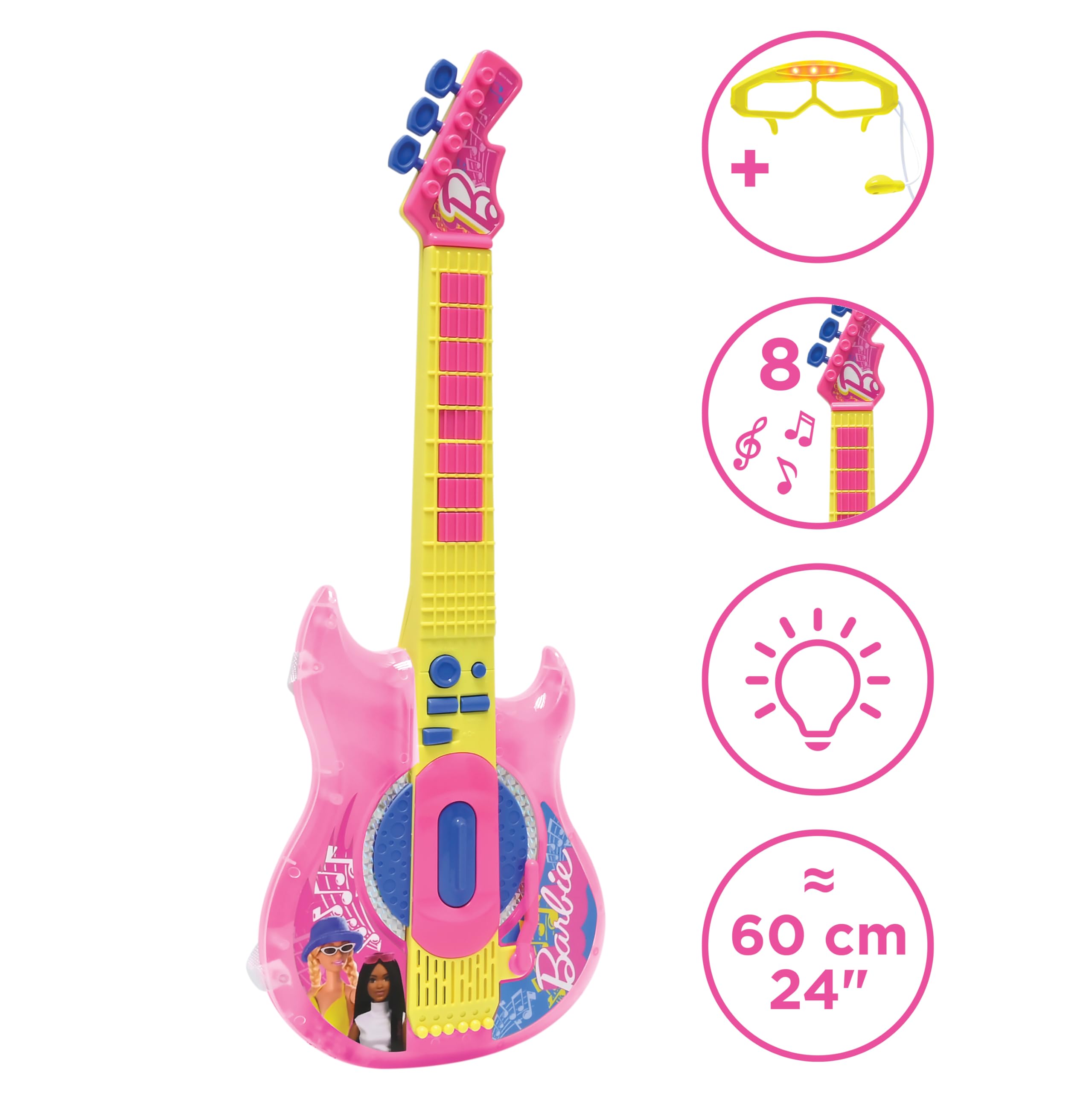 Barbie Electronic Guitar with Microphone & Glasses - 2 Play Modes, Light Effects, Pink/Yellow 8