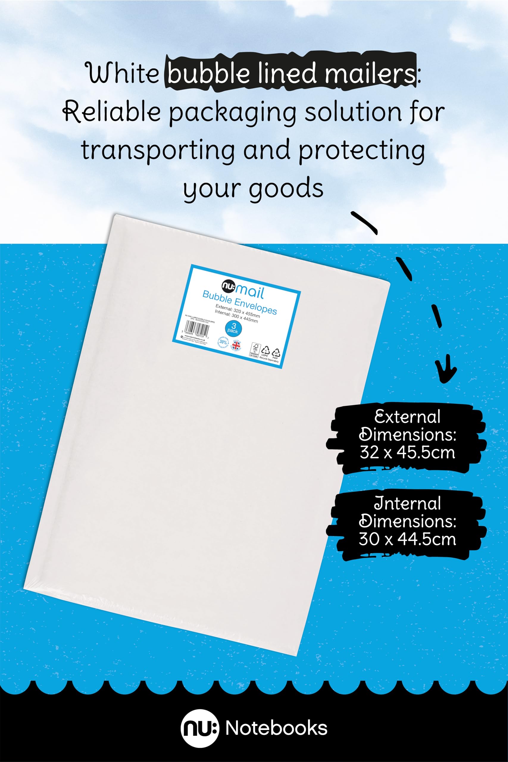 nu: Large Padded Bubble Envelope Mailers - 3 Pack | Self-Seal Protective Packaging | White