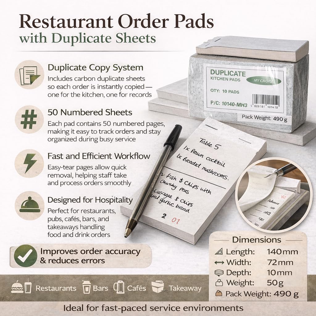 bar@drinkstuff Restaurant Order Pads with Duplicate Sheet - Set of 10 | 50 Numbered Sheets 3