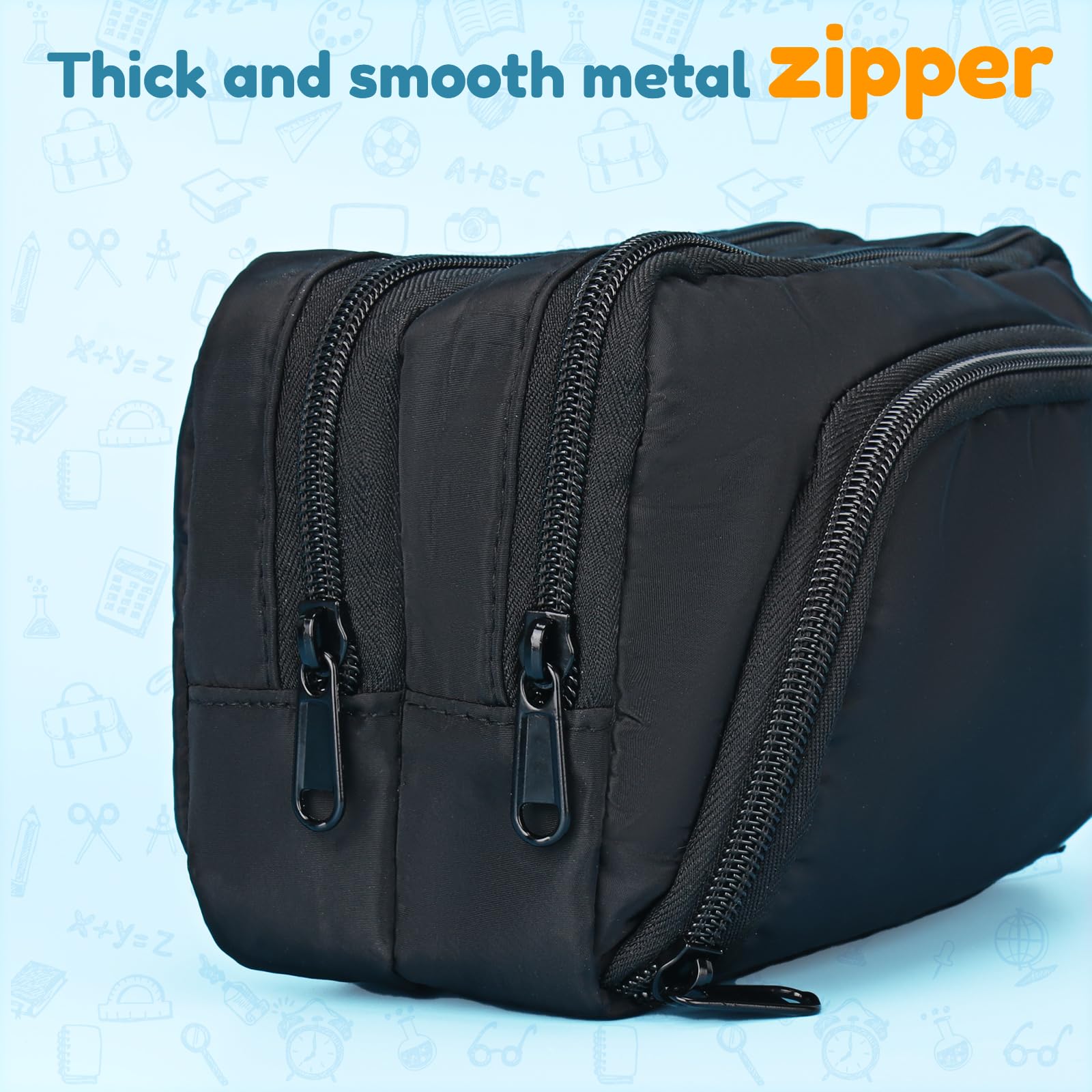 Euqvunn Black Pencil Case - Large Capacity 3 Compartment Organizer | 21x8x13CM | Polyester 4