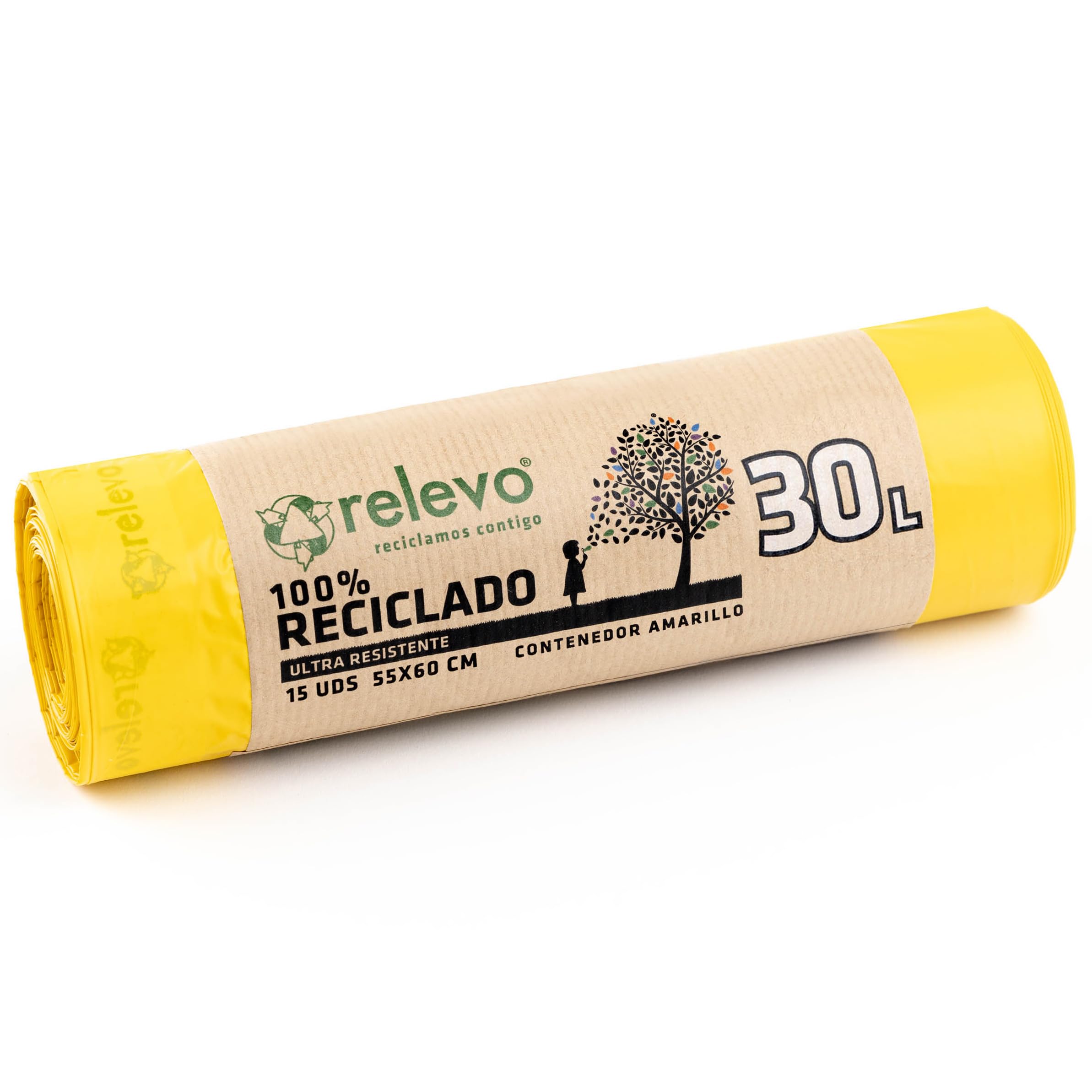 Relevo Yellow Drawstring Bin Bags - 30L (15 Count) | 100% Recycled Plastic | Made in Spain 1