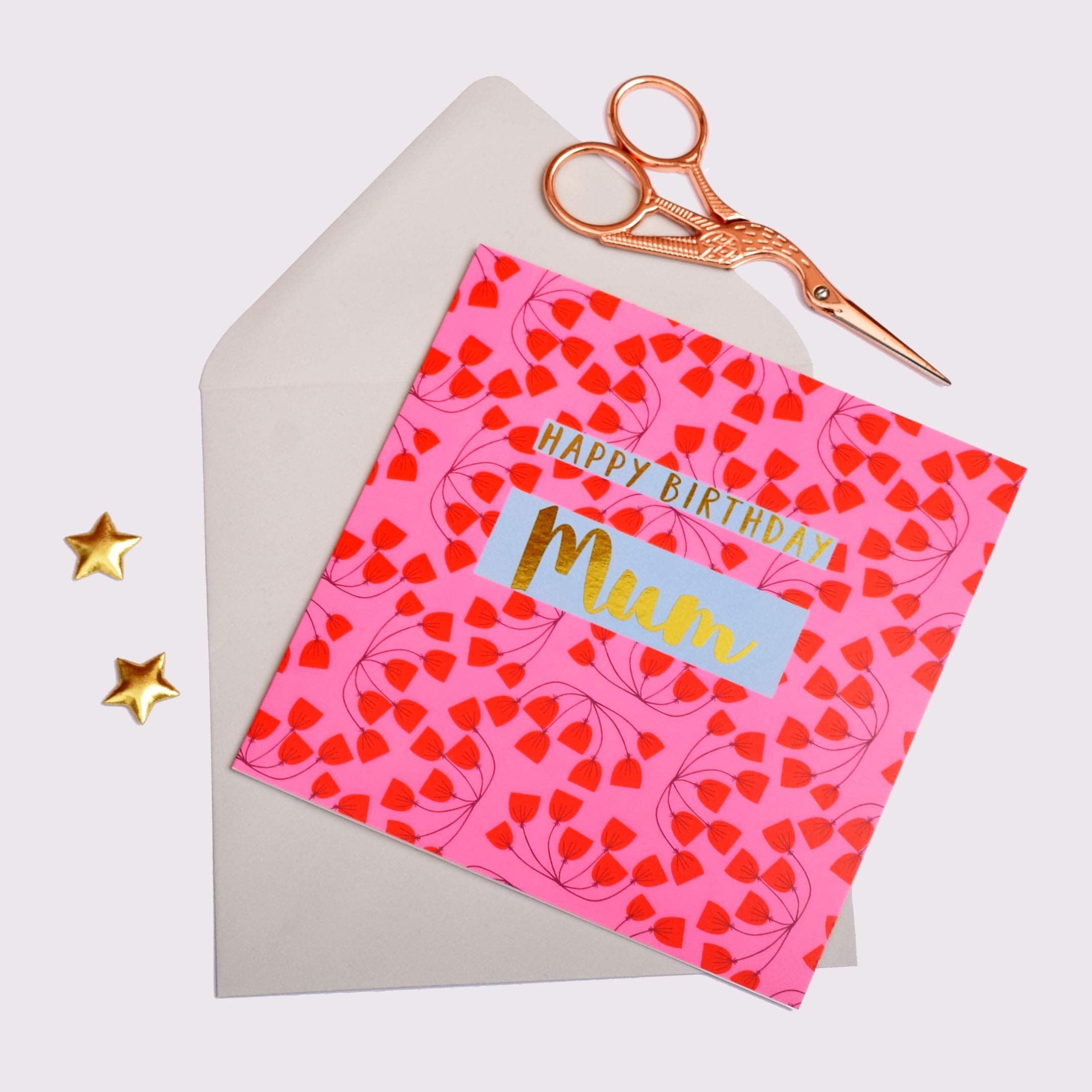 Claire Giles Greeting Cards Happy Birthday Mum Pink Flowers 150x150mm Gold Foil Blank Inside