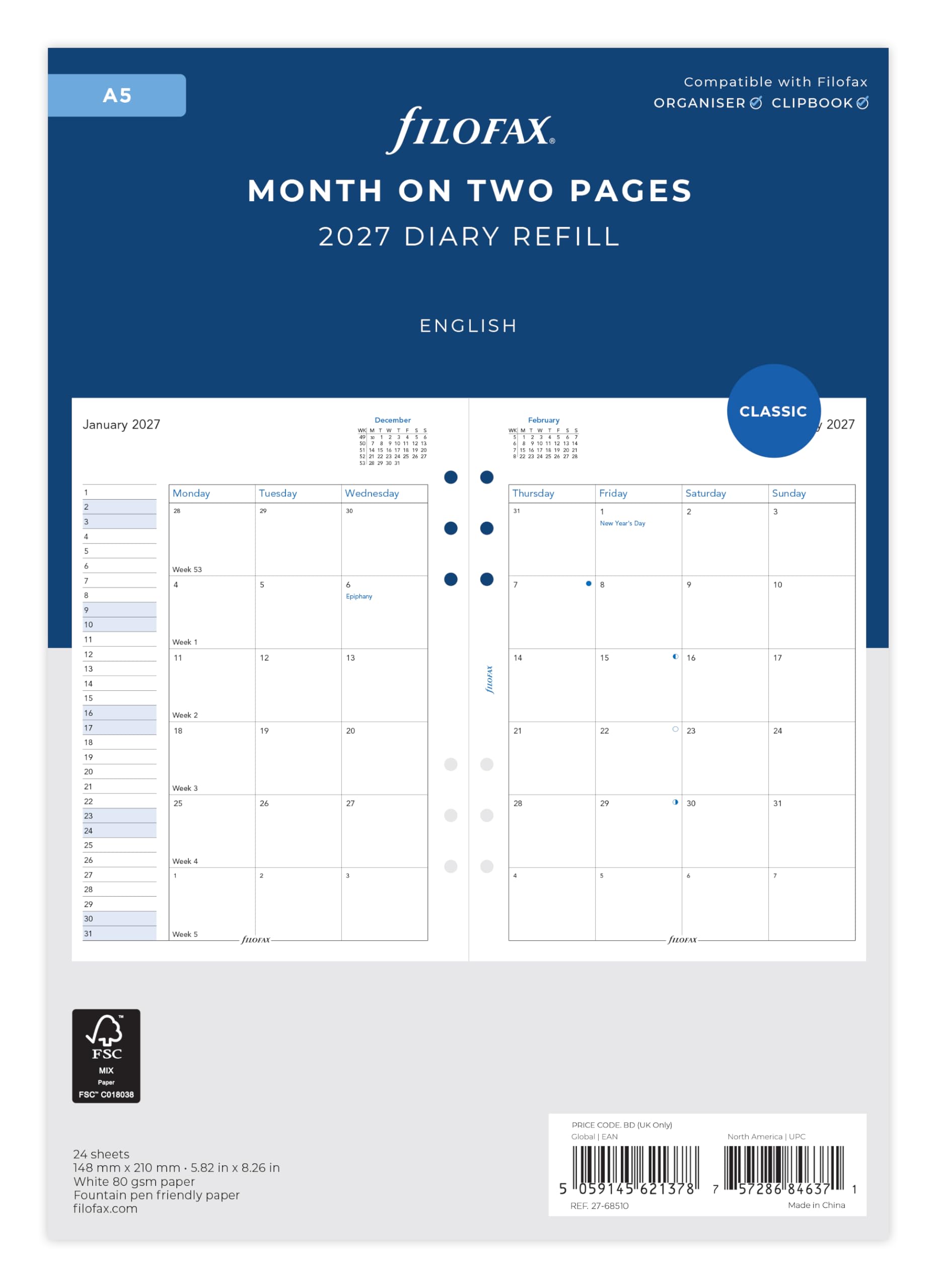 Filofax A5 2027 Diary Refill - Month on Two Pages, English | 148mm x 210mm 1
