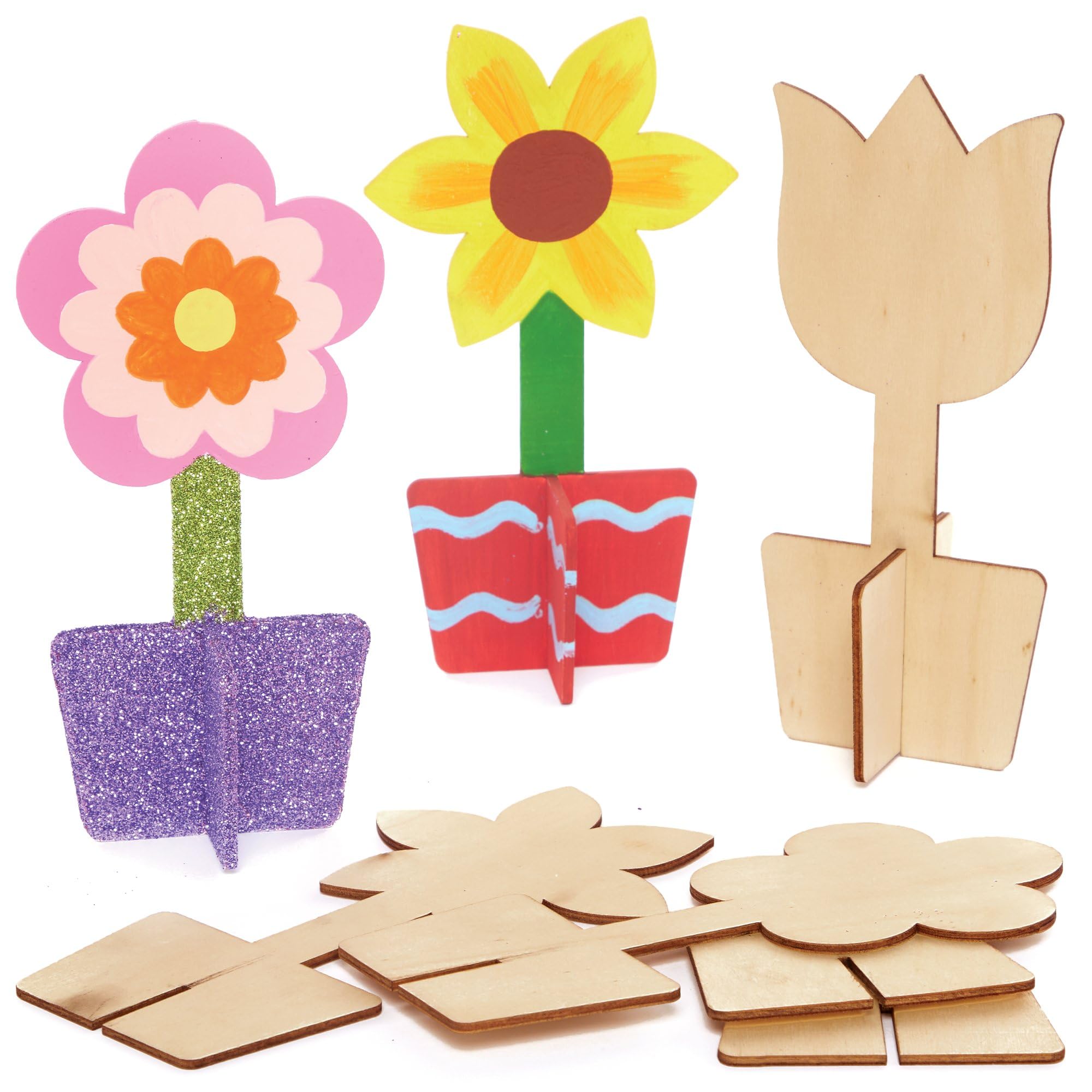 Baker Ross Flower 3D Wooden Stand Up Decorations - Pack of 6 Kits | 16cm Height