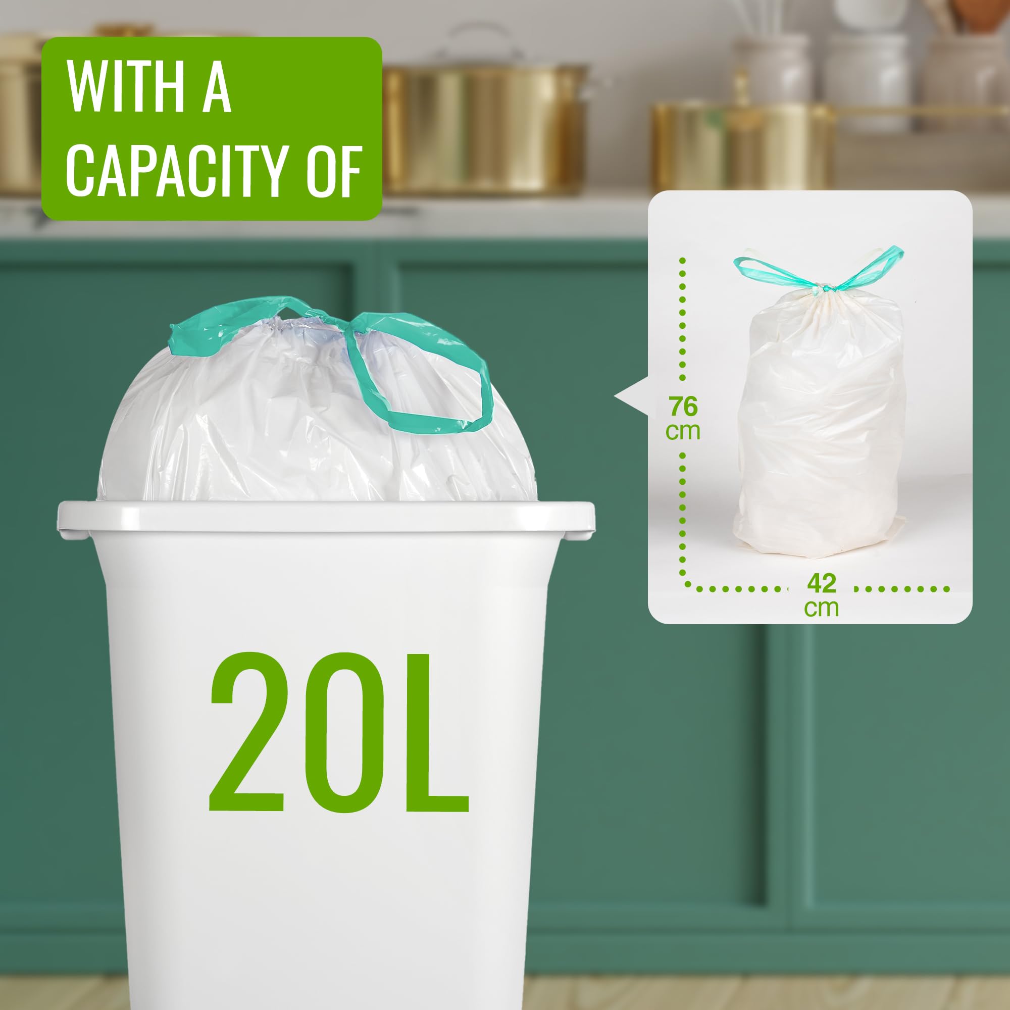 EcoBag 20L Drawstring Bin Liners - 20 Pack | Extra Strong | 24 Microns | White