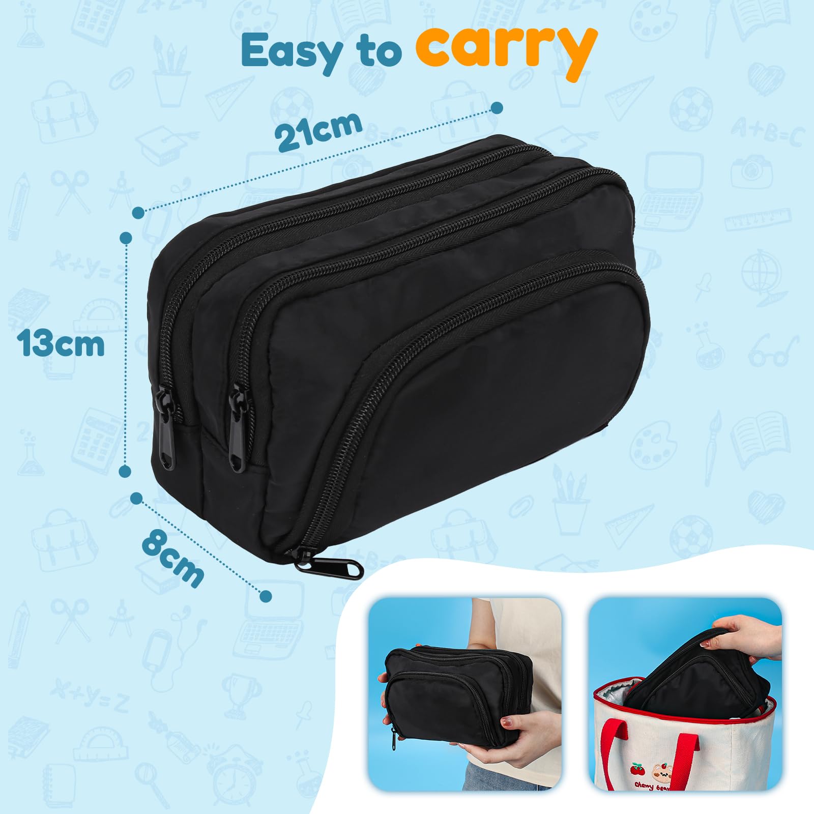 Euqvunn Black Pencil Case - Large Capacity 3 Compartment Organizer | 21x8x13CM | Polyester 6