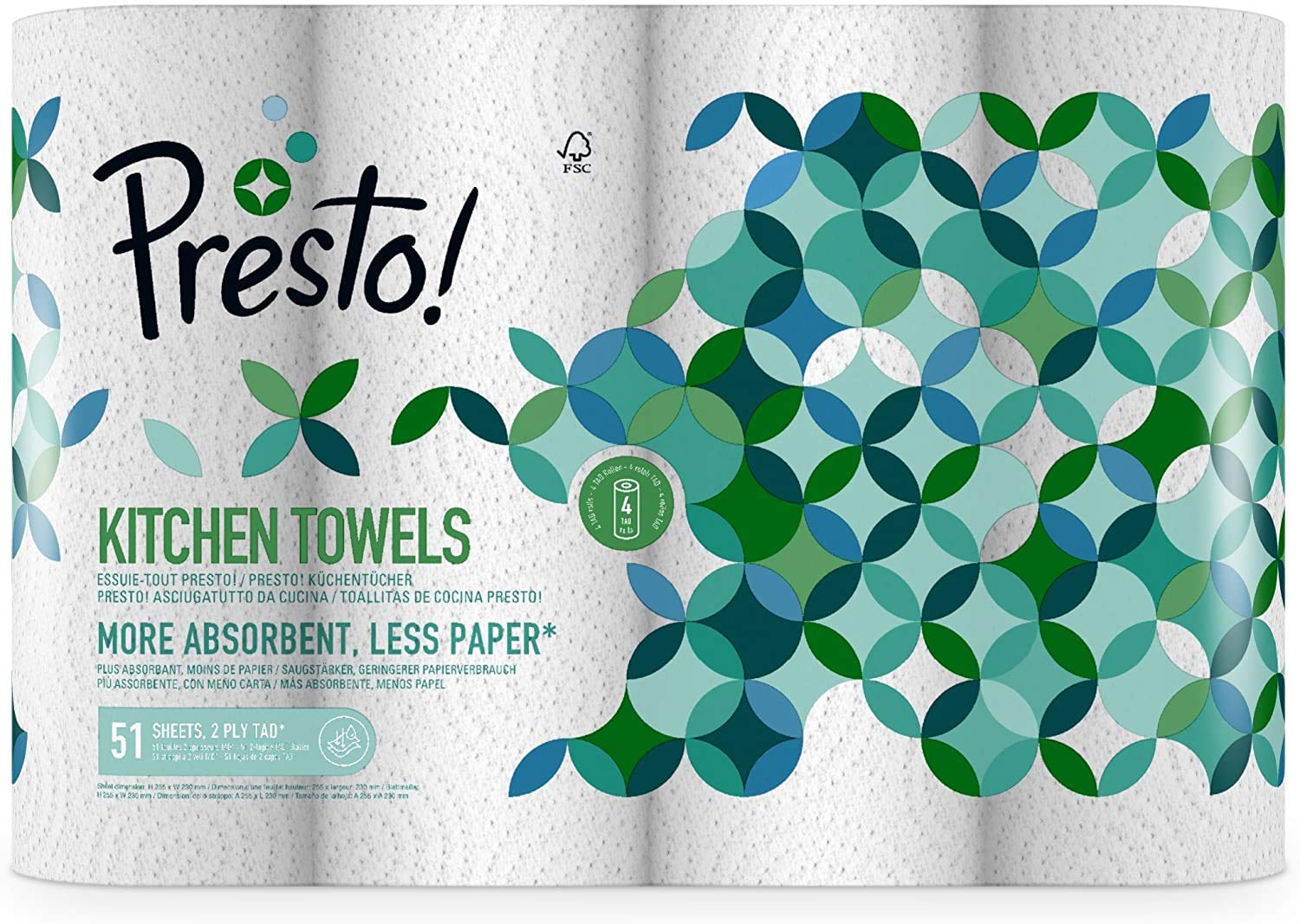 Presto! TAD Kitchen Roll - Extra Absorbent 2-Ply | 51 Sheets per Roll | Pack of 4